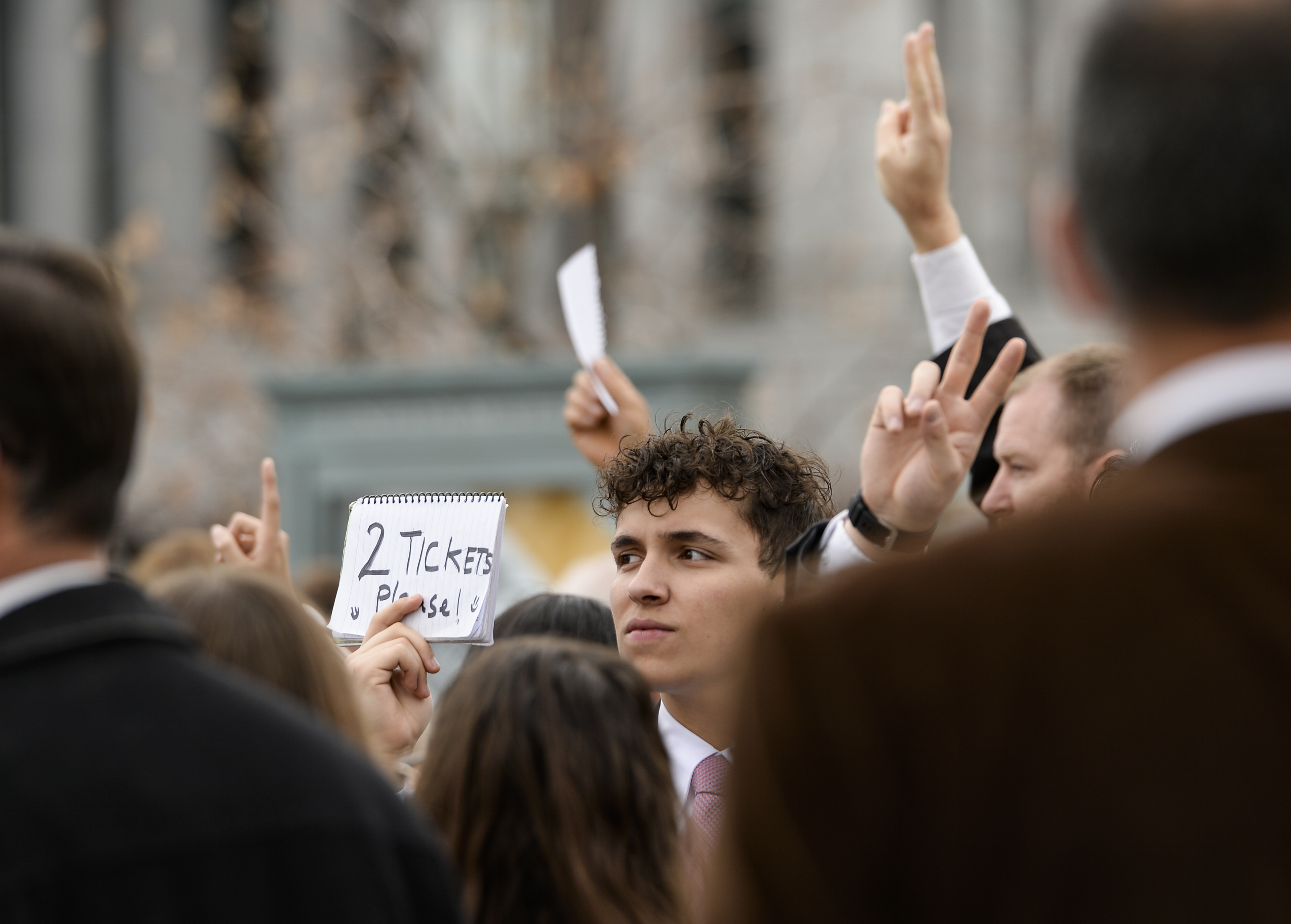 Leah Hogsten | The Salt Lake Tribune Hundreds sought extra tickets to the afternoon session of the 189th Annual General Conference of The Church of Jesus Christ of Latter-day Saints, April 6, 2019 in Salt Lake City. 