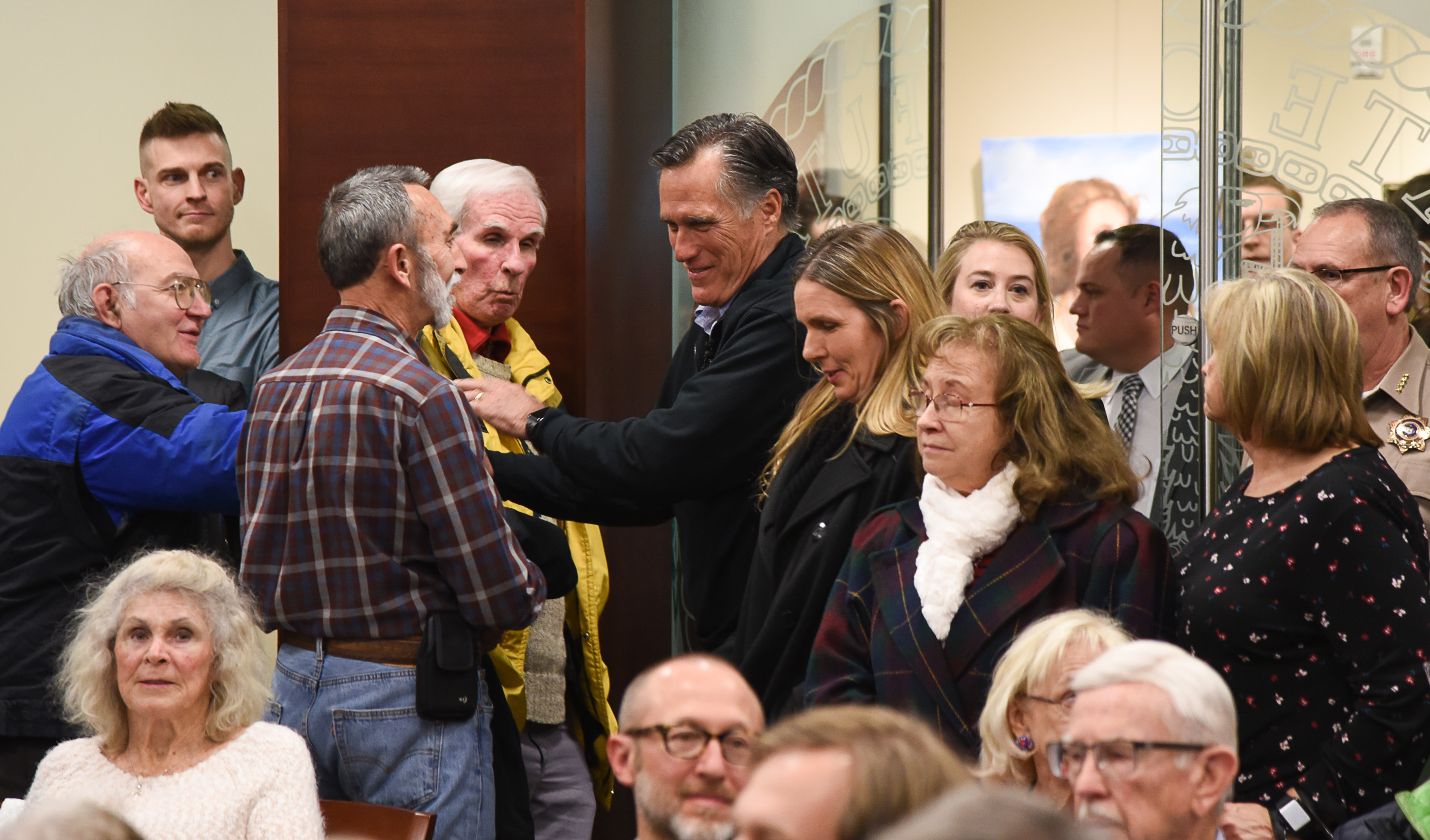 (Francisco Kjolseth | The Salt Lake Tribune) U.S. Senator Mitt Romney arrives for his town hall meeting at the Davis County administration building, Tuesday, January 22, 2019, to hear from local residents.