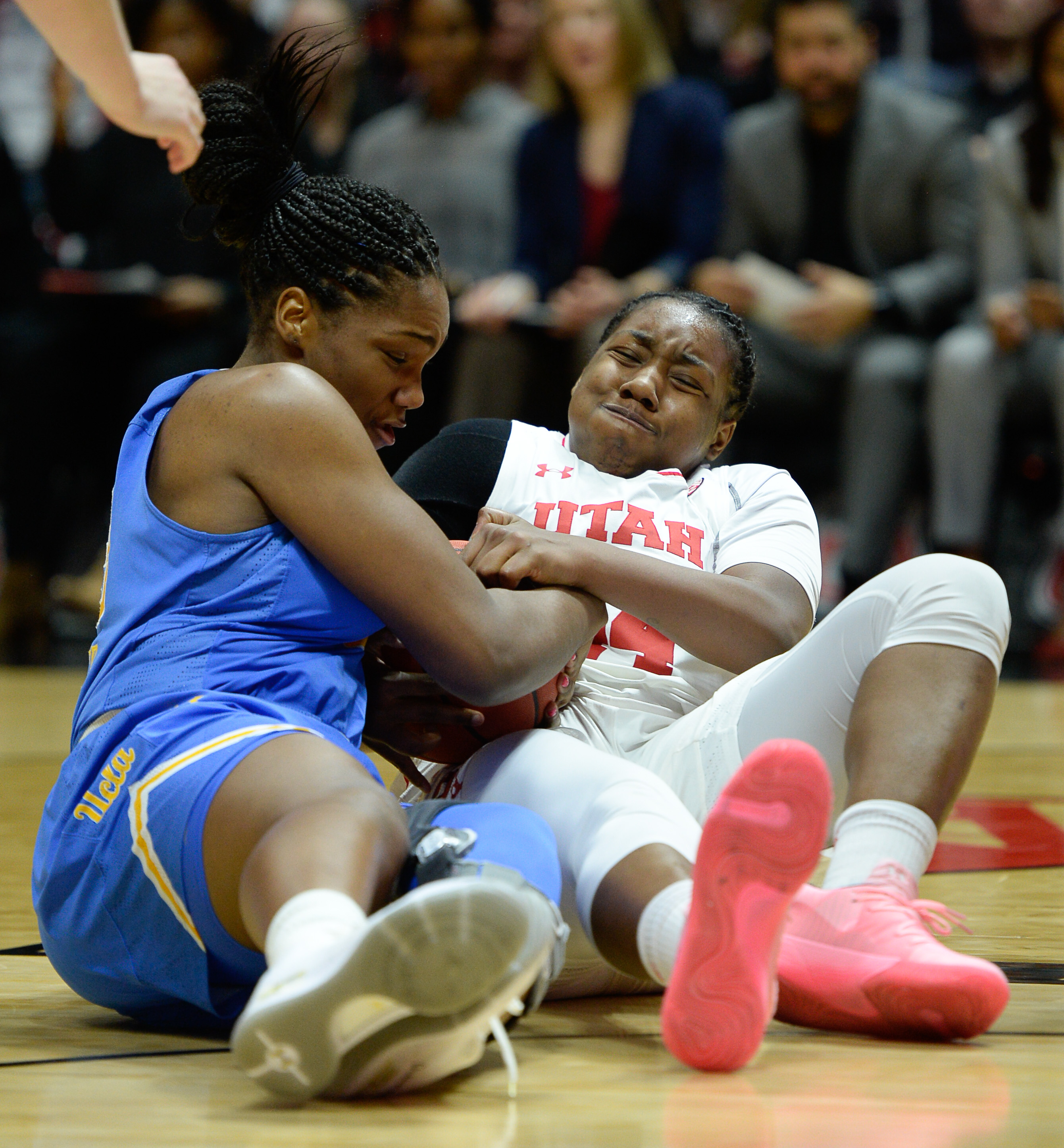 (Francisco Kjolseth | The Salt Lake Tribune) UCLA Bruins forward Lauryn Miller (33) battles Utah Utes guard/forward Dre'Una Edwards (44) for a loose ball at the Jon M. Huntsman Center in Salt Lake City on Sunday, Feb. 10, 2019.