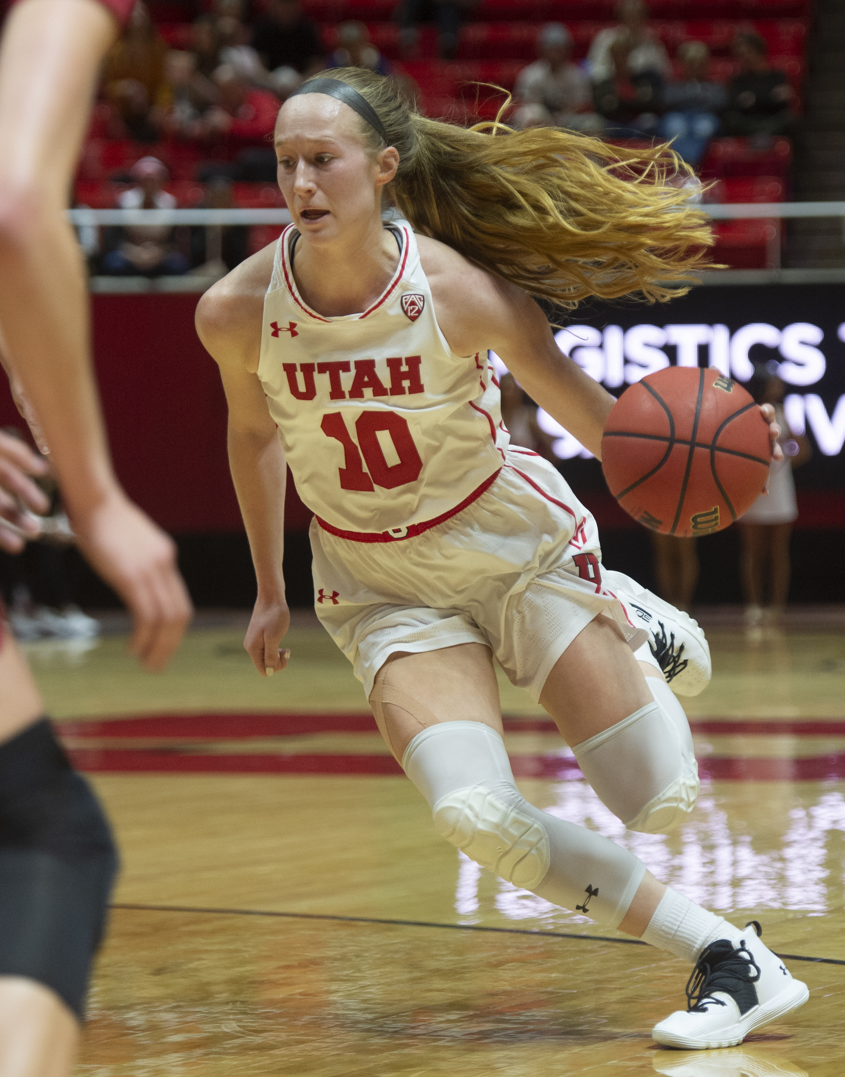 (Rick Egan | The Salt Lake Tribune) Utah Utes guard Dru Gylten (10) takes the ball down the middle, in PAC-12 action between the Utah Utes and the Stanford Cardinals at the Jon M. Huntsman Center. Sunday, Jan. 27, 2019. 