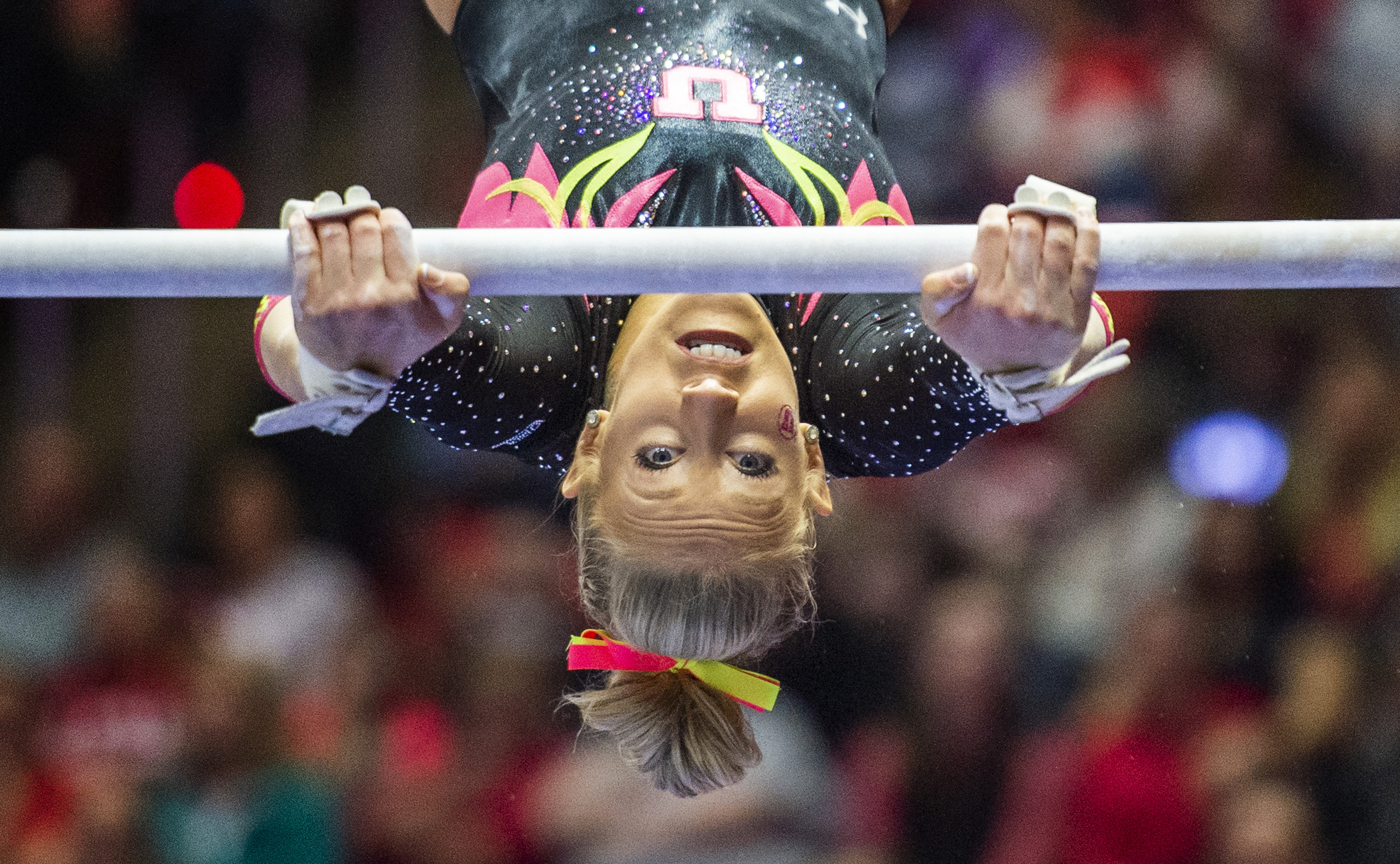 (Rick Egan | The Salt Lake Tribune) Makenna Merrell-Giles competes on the uneven bars, in PAC-12 Gymnastics action between the Utes and The California Golden Bears, in the Jon M. Huntsman Center, in Salt Lake City, Saturday, Feb. 9, 2019. Merrell-Giles won the All-round for the Utes. 