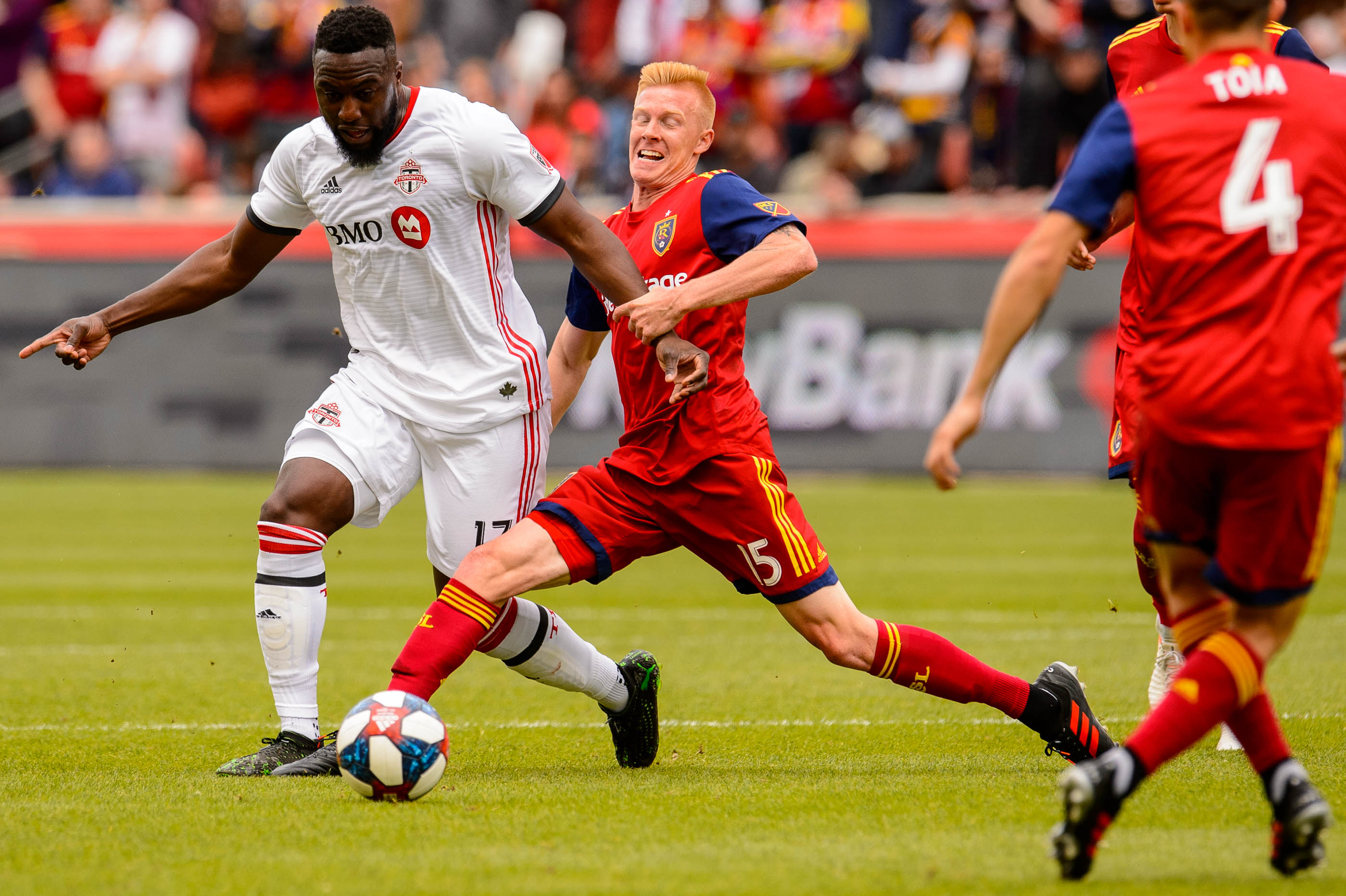 (Trent Nelson | The Salt Lake Tribune) Toronto FC forward Jozy Altidore (17) and Real Salt Lake defender Justen Glad (15) as Real Salt Lake hosts Toronto FC, MLS Soccer at Rio Tinto Stadium in Sandy on Saturday May 18, 2019.