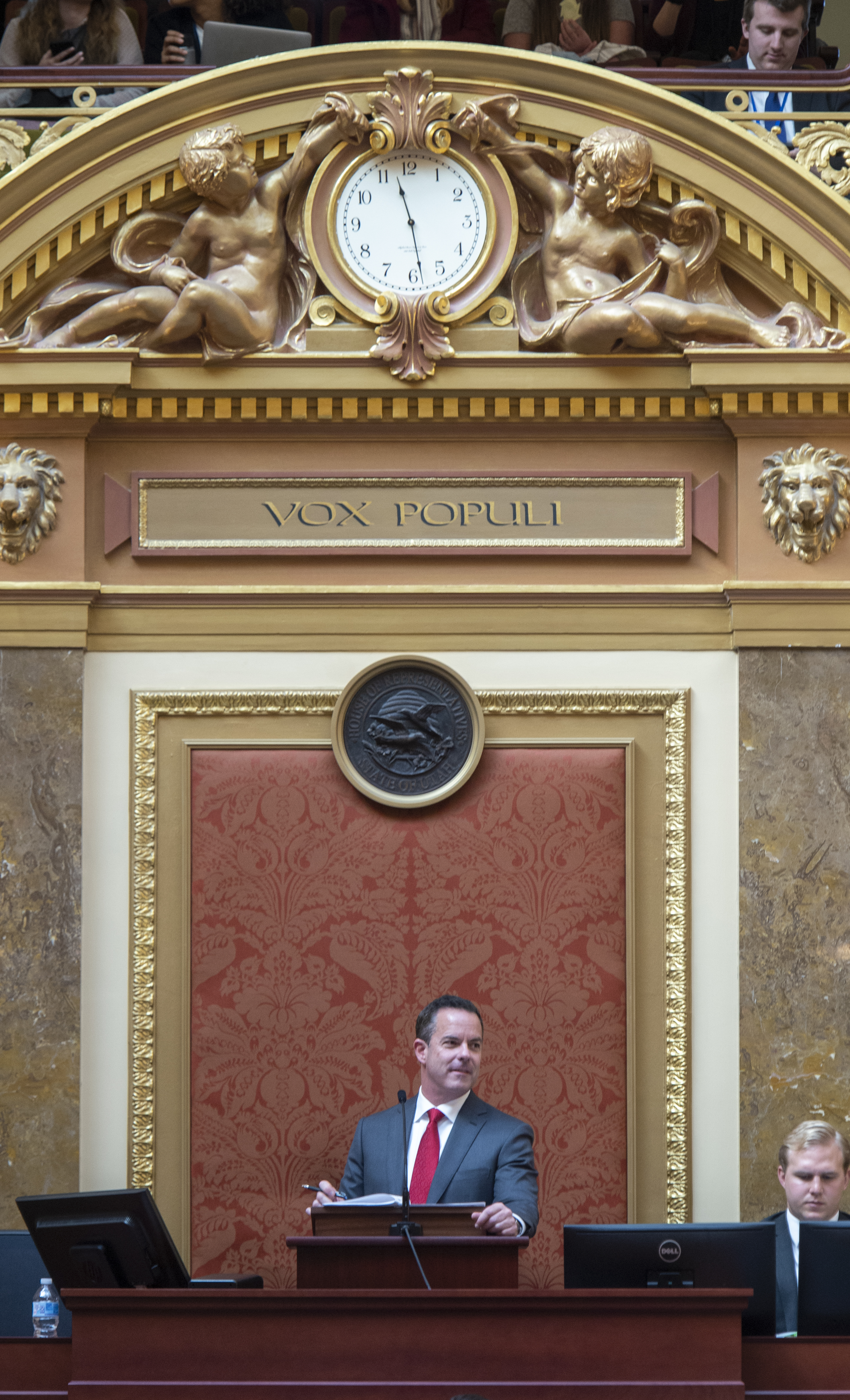(Rick Egan | The Salt Lake Tribune) New House Speaker Brad Wilson conducts business in the Utah House of Representatives on the first day of the 2019 legislative session at the Utah State Capitol, Monday, Jan. 28, 2019. 