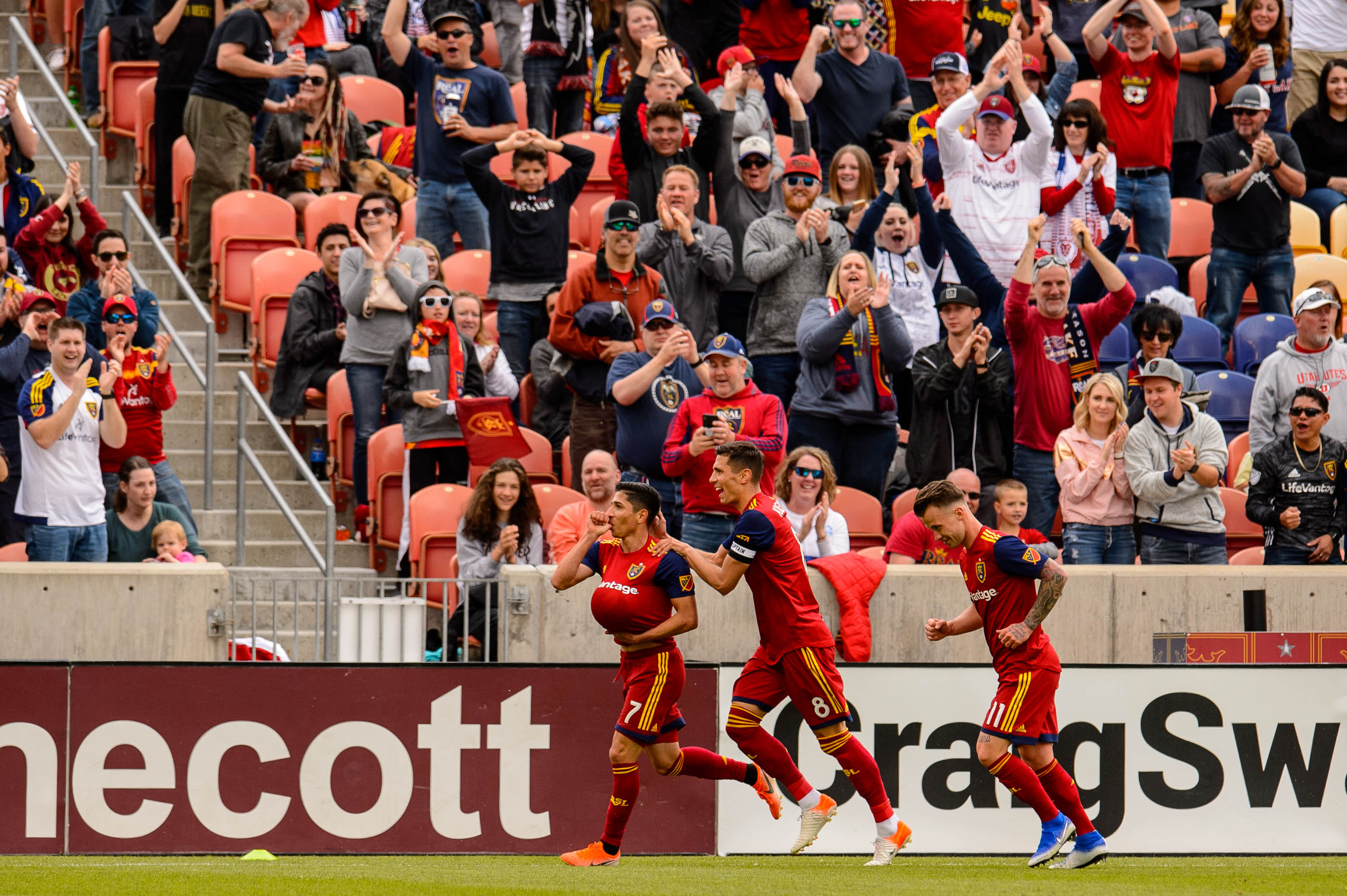 (Trent Nelson | The Salt Lake Tribune) Real Salt Lake forward Jefferson Savarino (7) celebrates a goal with the ball under his shirt as Real Salt Lake hosts Toronto FC, MLS Soccer at Rio Tinto Stadium in Sandy on Saturday May 18, 2019.