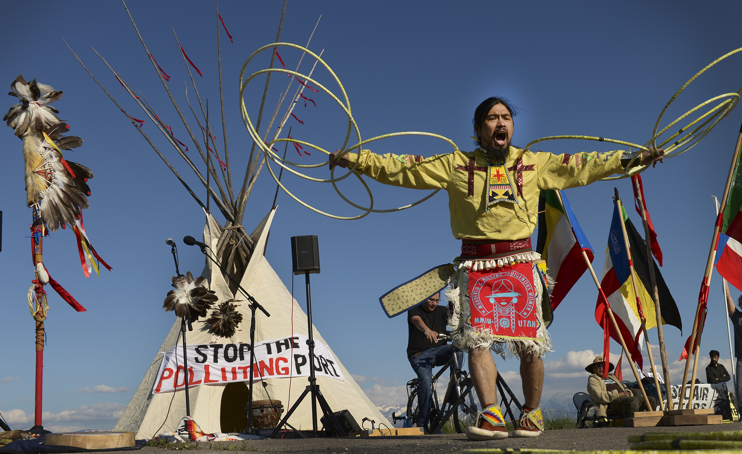 Leah Hogsten | The Salt Lake Tribune Carl Moore, a Hopi and Chemehuevi Native American performs a hoop dance in honor of Mother Earth. Moore also made offerings, sang and gave a prayer during the May Day celebration. The "Stop the Polluting Port" community coalition staged a May Day celebration, calling for respect and awareness of the water, earth and air regarding the 20,000 acres west of Salt Lake City where the inland port industrial site has been proposed.