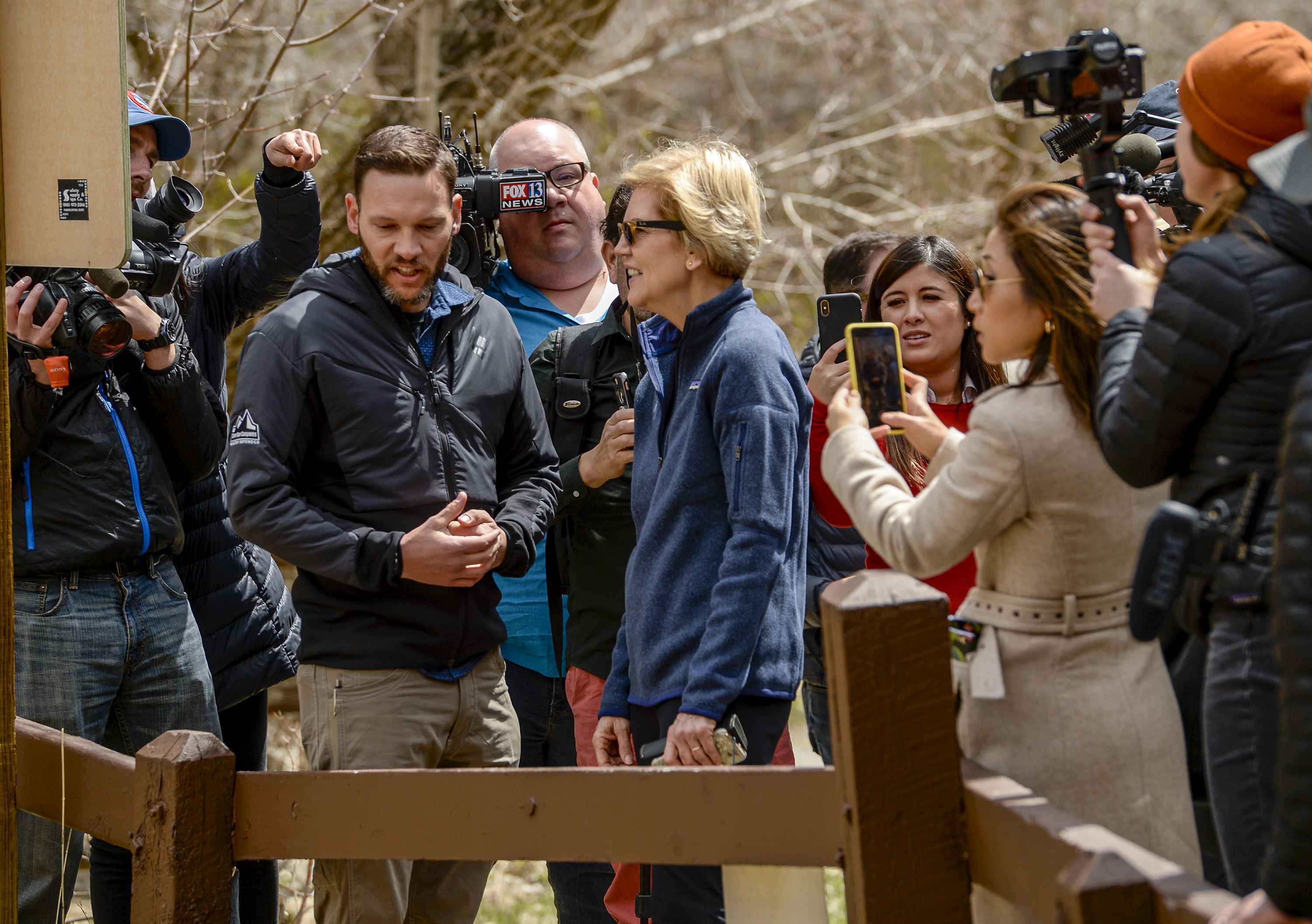 Leah Hogsten | The Salt Lake Tribune Massachusetts Sen. Elizabeth Warren takes a walking tour with Carl Fisher, executive director of Utah’s Save Our Canyons organizationat Storm Mountain Picnic Area in Big Cottonwood Canyon, April 17, 2019 before speaking to Utah supporters Wednesday evening. Sen. Warren is a Democratic 2020 presidential candidate. 