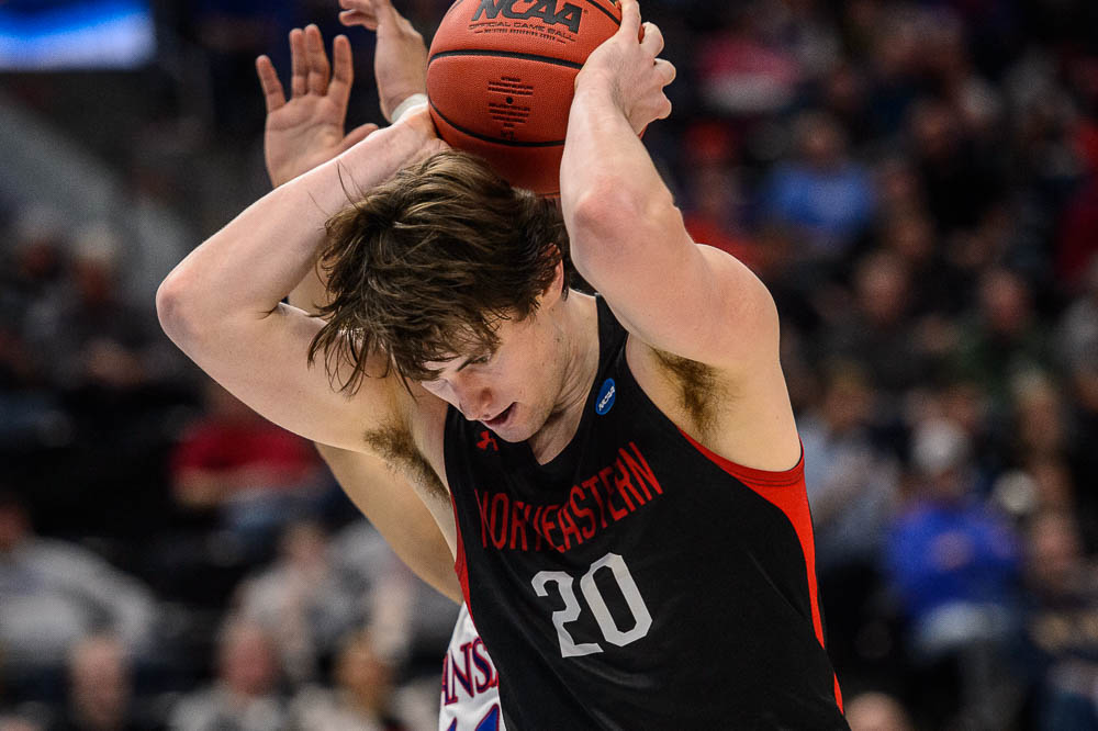 (Trent Nelson | The Salt Lake Tribune) Northeastern Huskies guard Bolden Brace (20) as Kansas faces Northeastern in the 2019 NCAA Tournament in Salt Lake City on Thursday March 21, 2019.