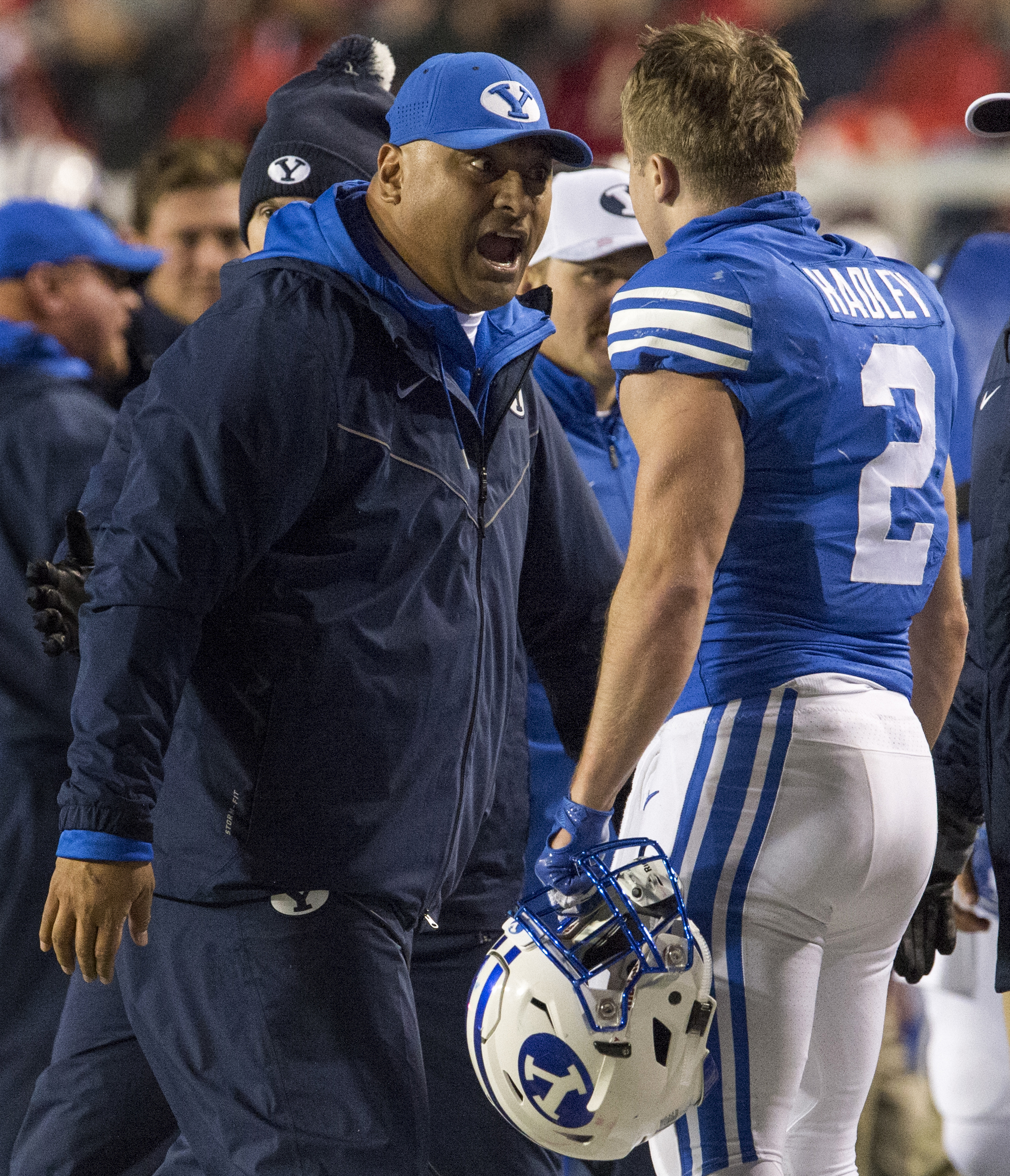 (Rick Egan | The Salt Lake Tribune) Brigham Young Cougars head coach Kalani Sitake congratulates Brigham Young running back Matt Hadley (2) after he scored a touchdown for the Cougars, in football action between the Brigham Young Cougars and the Utah Utes, at Rice-Eccles Stadium, Saturday, November 24, 2018. 