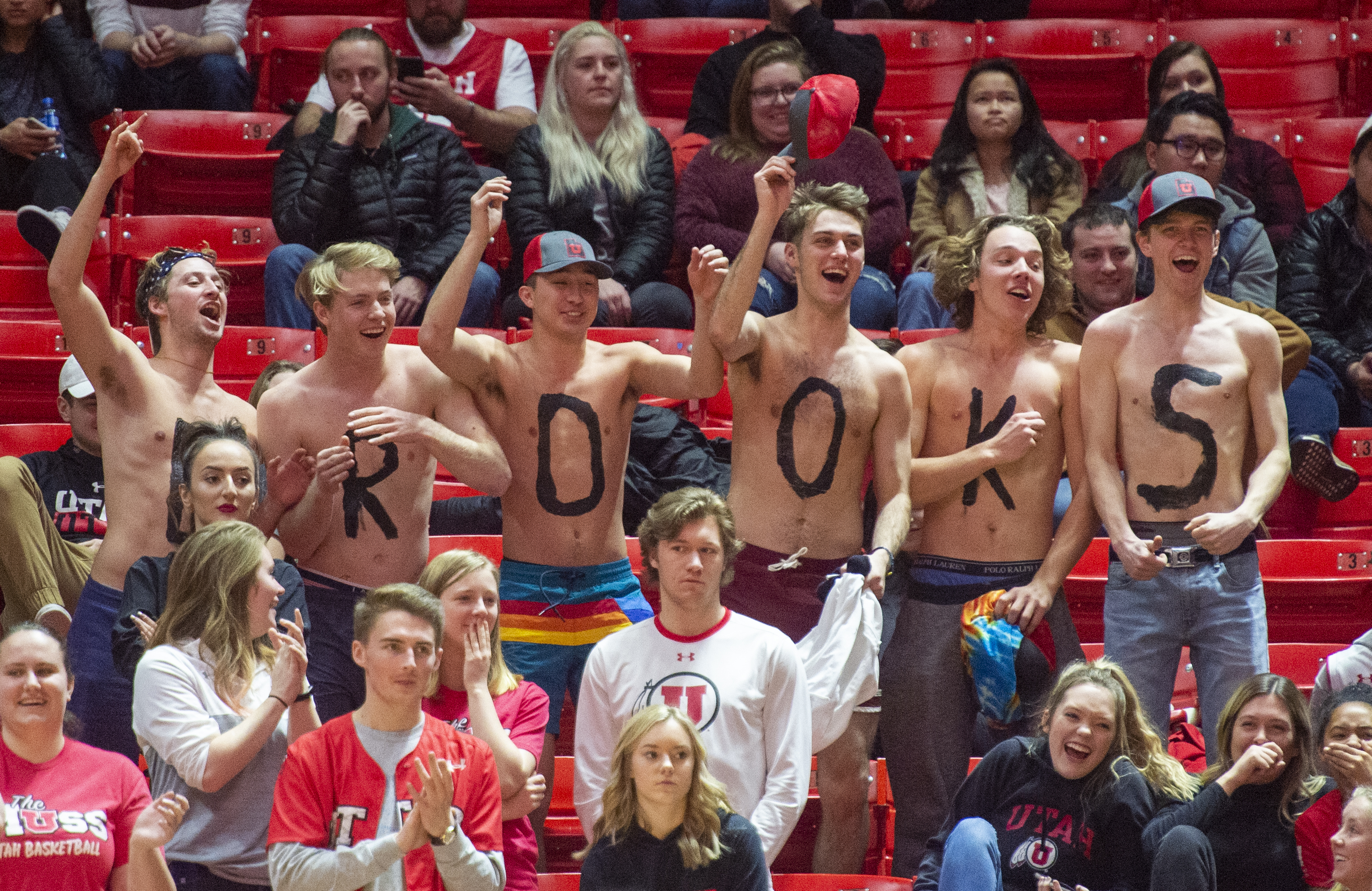 (Rick Egan | The Salt Lake Tribune) Utah fans celebrate as Utah Utes guard Brooks King (30) comes into the game, in PAC-12 basketball action between the Utah Utes and the Colorado Buffaloes at the Jon M. Huntsman Center, Sunday, Jan. 20, 2019. 