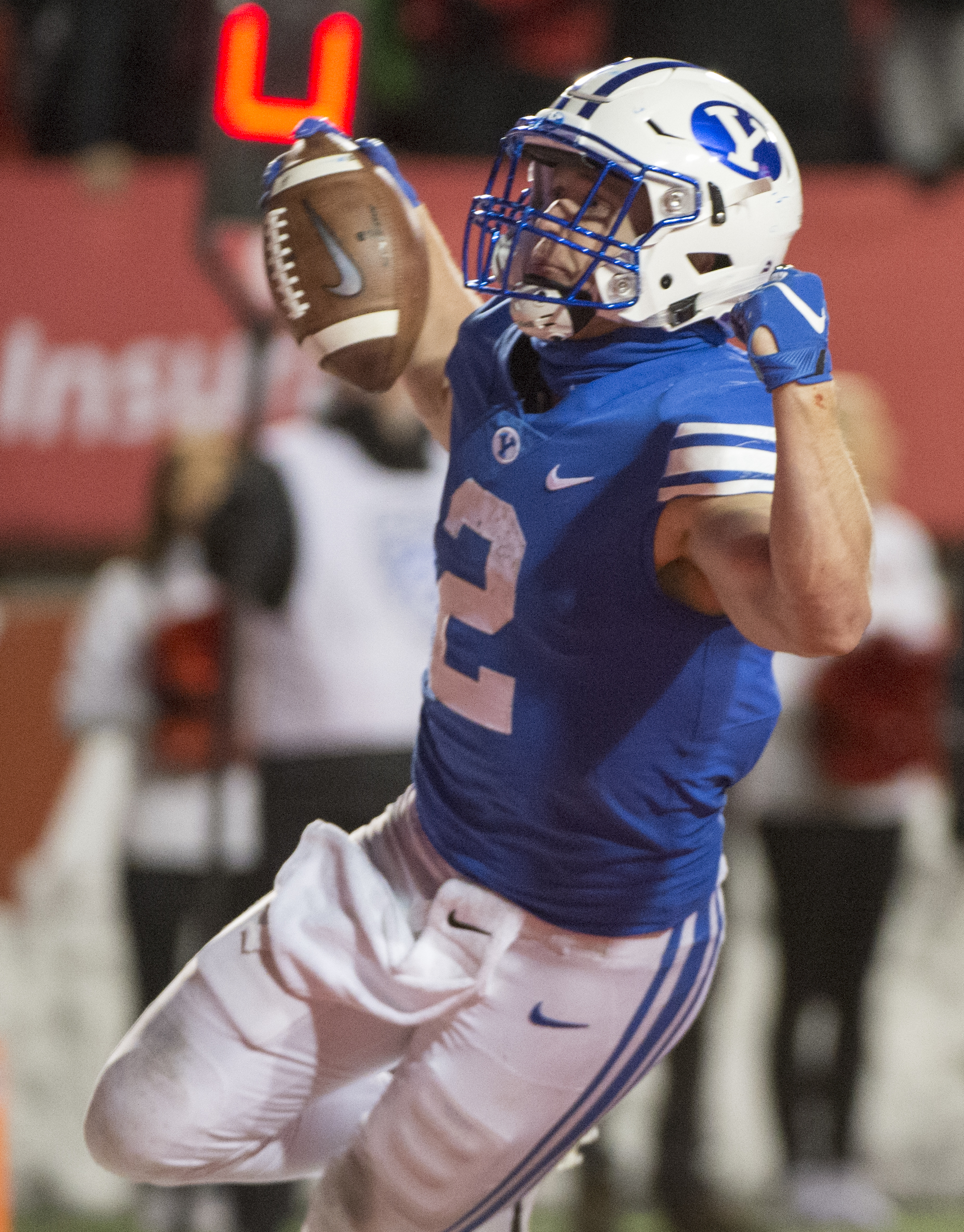 (Rick Egan | The Salt Lake Tribune) Brigham Young running back Matt Hadley (2) scores a touchdown for the Cougars, in football action between the Brigham Young Cougars and the Utah Utes, at Rice-Eccles Stadium, Saturday, November 24, 2018. 