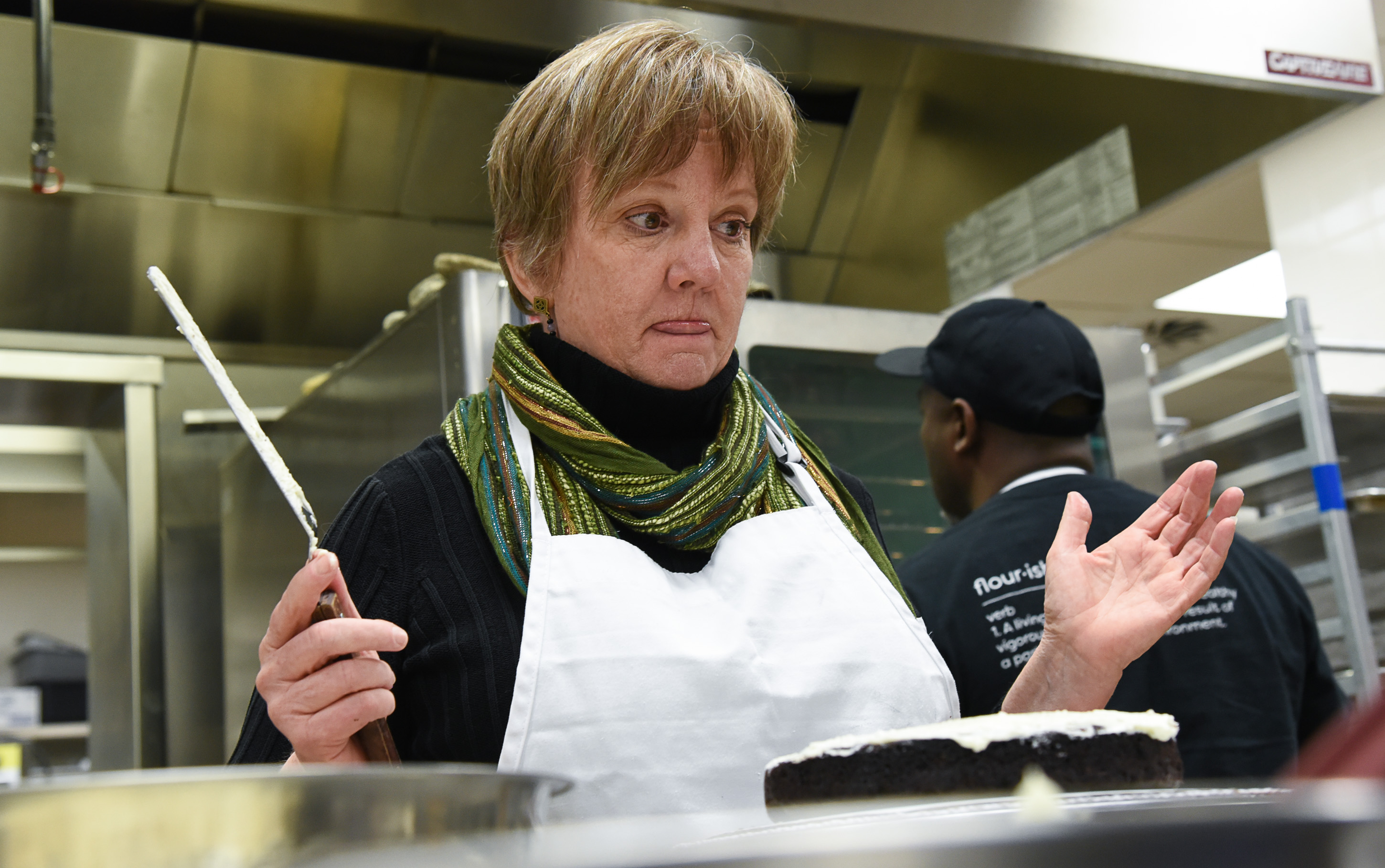 (Francisco Kjolseth | The Salt Lake Tribune) Actress Betsy West prepares for the upcoming role of a Southern Baptist bakery owner in North Carolina faced with a request to bake a cake for a gay couple getting married for Salt Lake Acting Company's production of "The Cake." A self admitted baking novice, West, in search of better authenticity in portraying her role received a one-on-one lesson from the chef's at Flourish Bakery.
