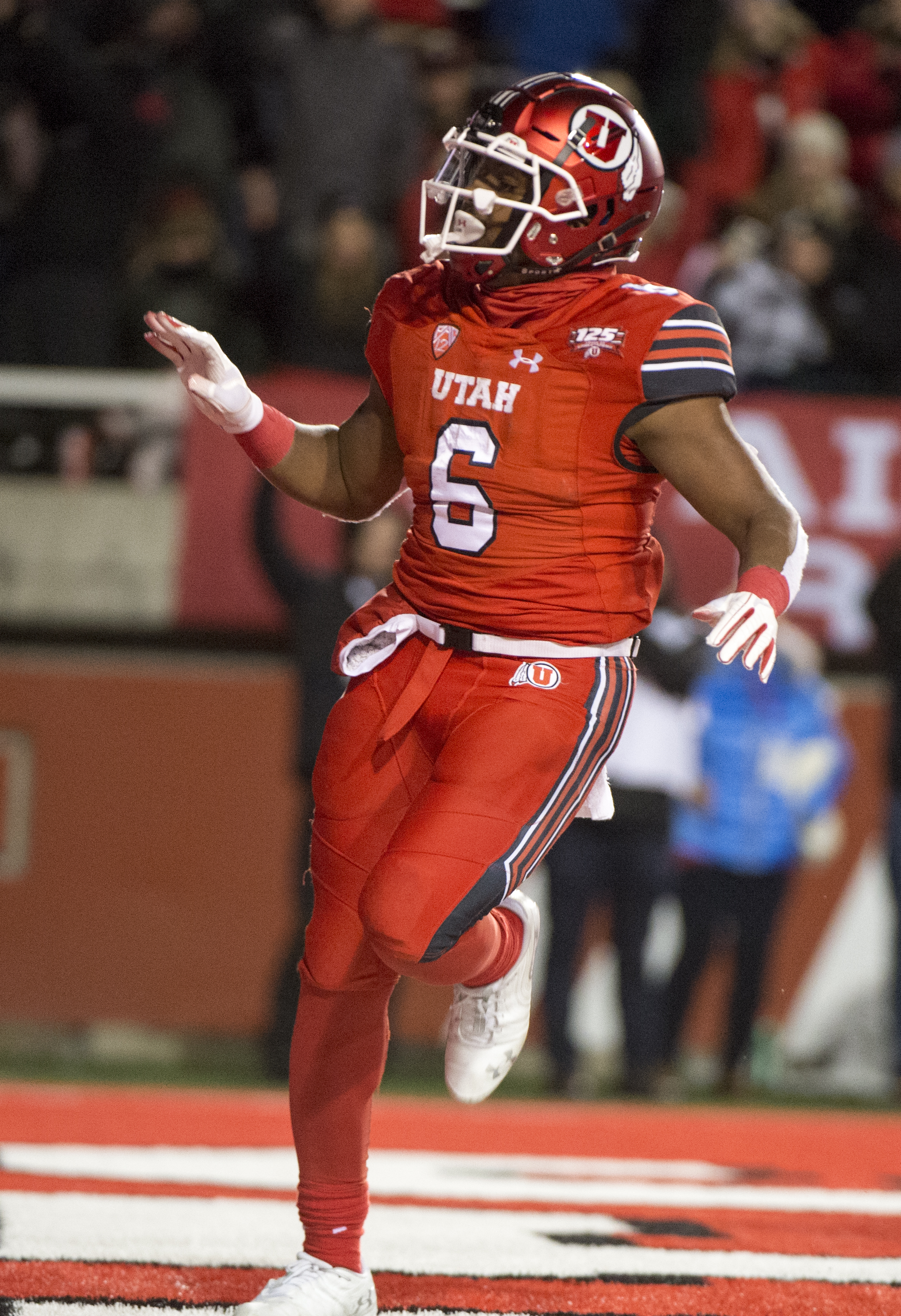 (Rick Egan | The Salt Lake Tribune) Utah Utes running back Armand Shyne (6) celebrates after scoring a touchdown late in the 4th quarter, tying the score at 27-27, in football action between the Brigham Young Cougars and the Utah Utes, at Rice-Eccles Stadium, Saturday, November 24, 2018. 