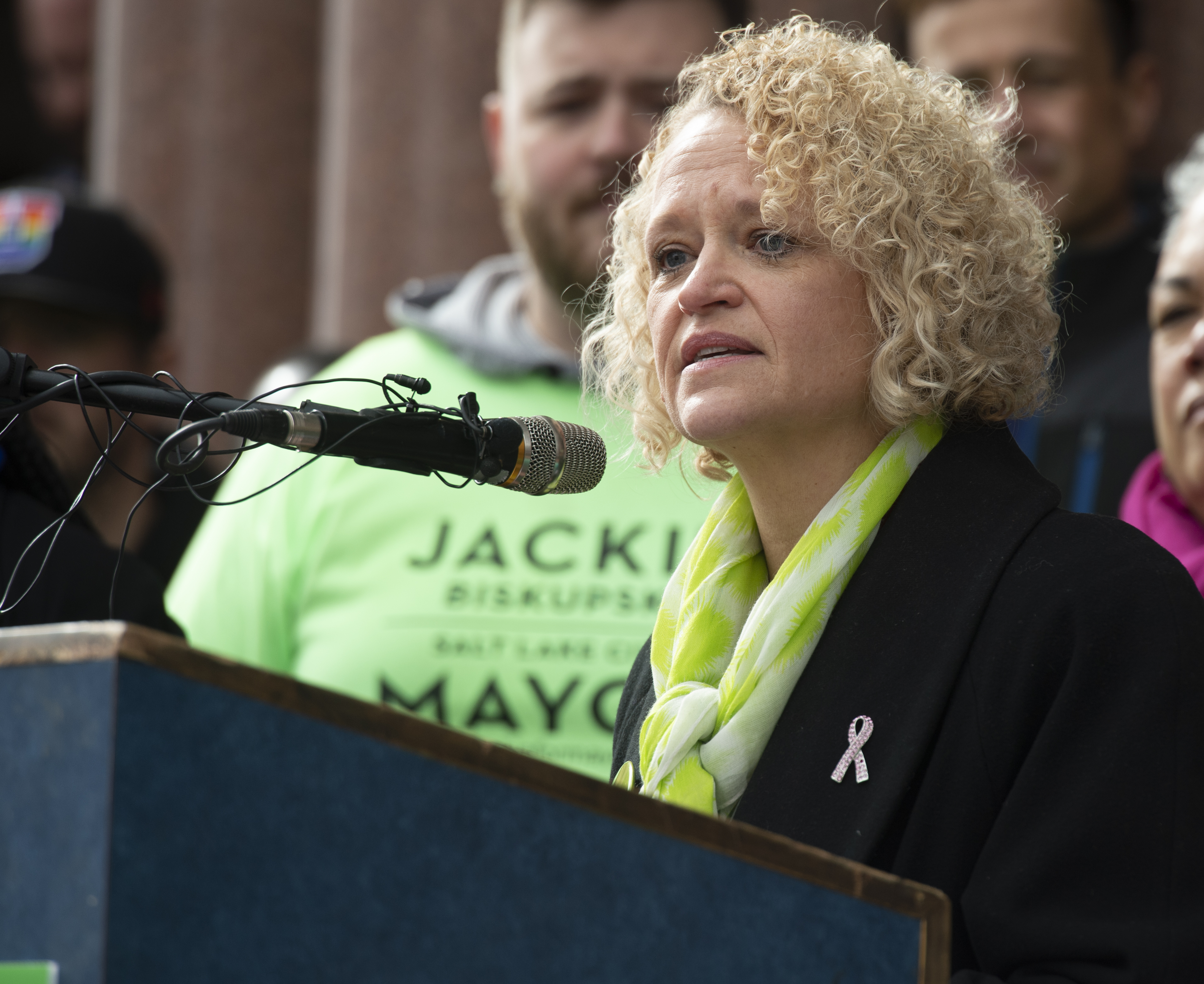 (Rick Egan | The Salt Lake Tribune) Salt Lake City Mayor Jackie Biskupski she launches her re-election campaign as she seeks a second term as supporters gather on the east steps of the City Building, Saturday, Feb. 9, 2019. 