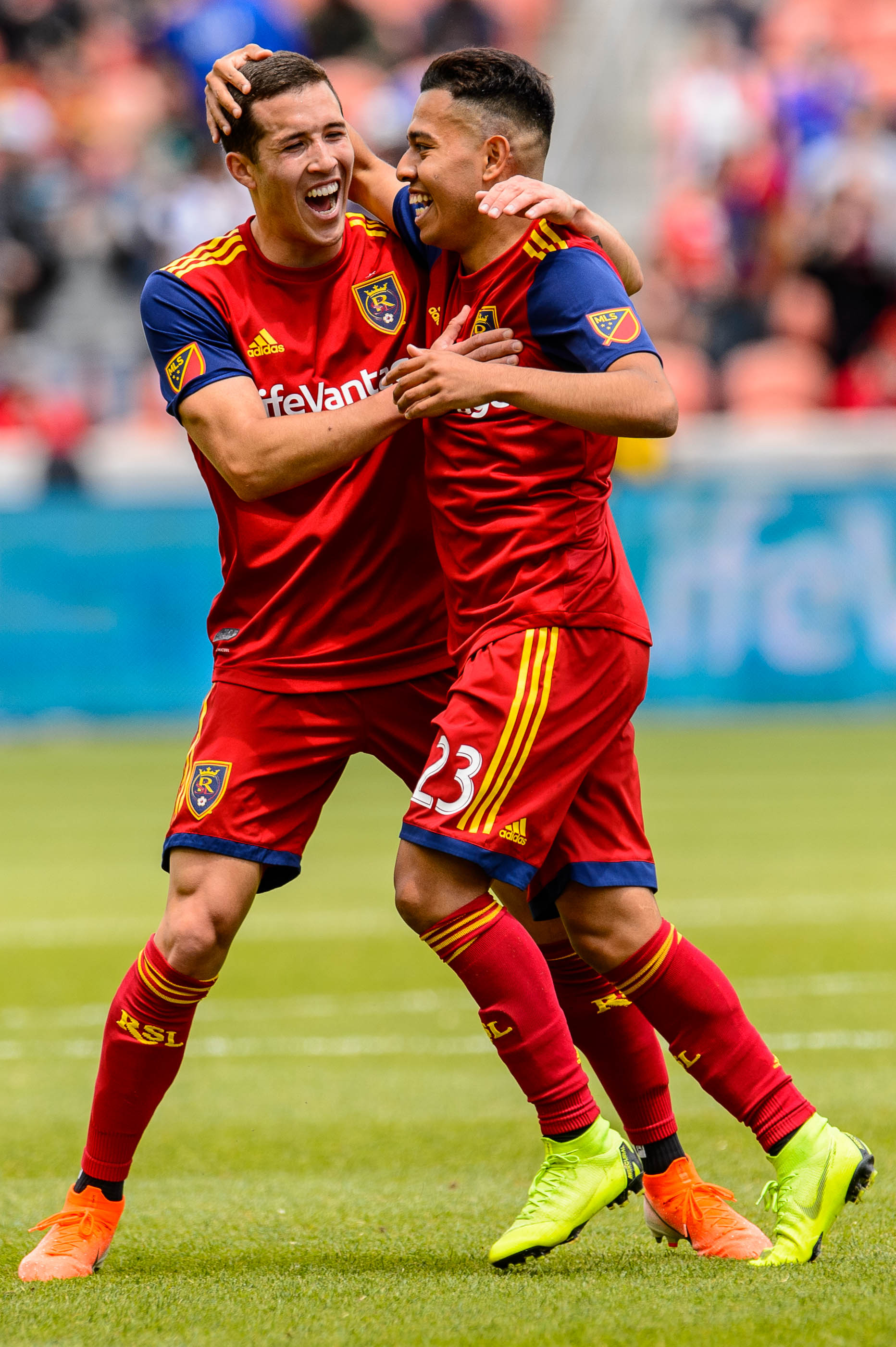 (Trent Nelson | The Salt Lake Tribune) Real Salt Lake midfielder Sebastian Saucedo (23, right) celebrates his first half goal with Real Salt Lake defender Aaron Herrera (22) as Real Salt Lake hosts Toronto FC, MLS Soccer at Rio Tinto Stadium in Sandy on Saturday May 18, 2019.