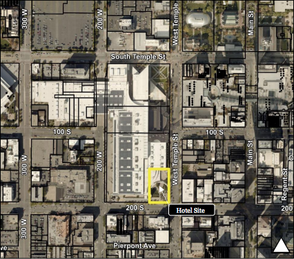 (Photo courtesy of Salt Lake City) The new Salt Lake City convention center hotel would be located at the southwest corner of 200 South and West Temple, built into the existing Salt Palace Convention Center. The hotel is being built through a partnership between Salt Lake County and development companies Portman Holdings and DDRM.