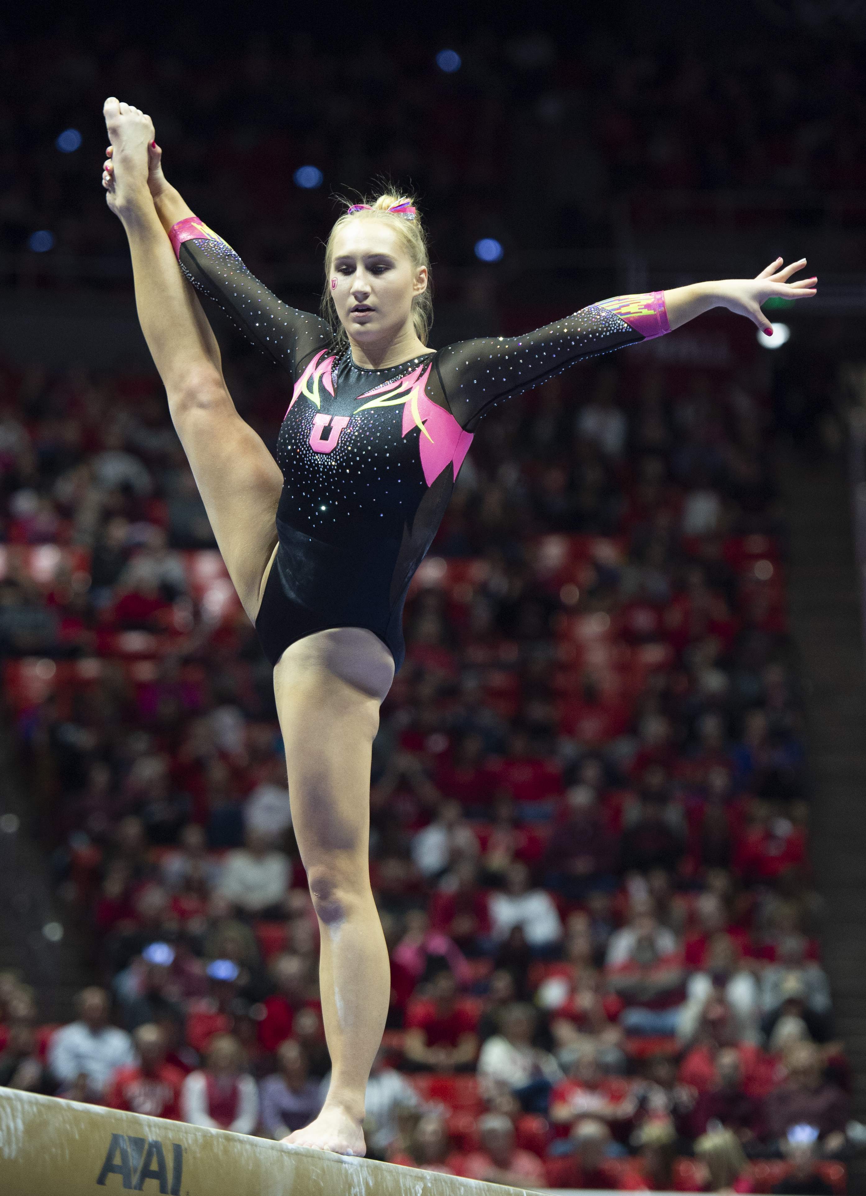 (Rick Egan | The Salt Lake Tribune) Shannon McNatt competes on the balance beam, in PAC-12 Gymnastics action between the Utes and The California Golden Bears, in the Jon M. Huntsman Center, in Salt Lake City, Saturday, Feb. 9, 2019. 