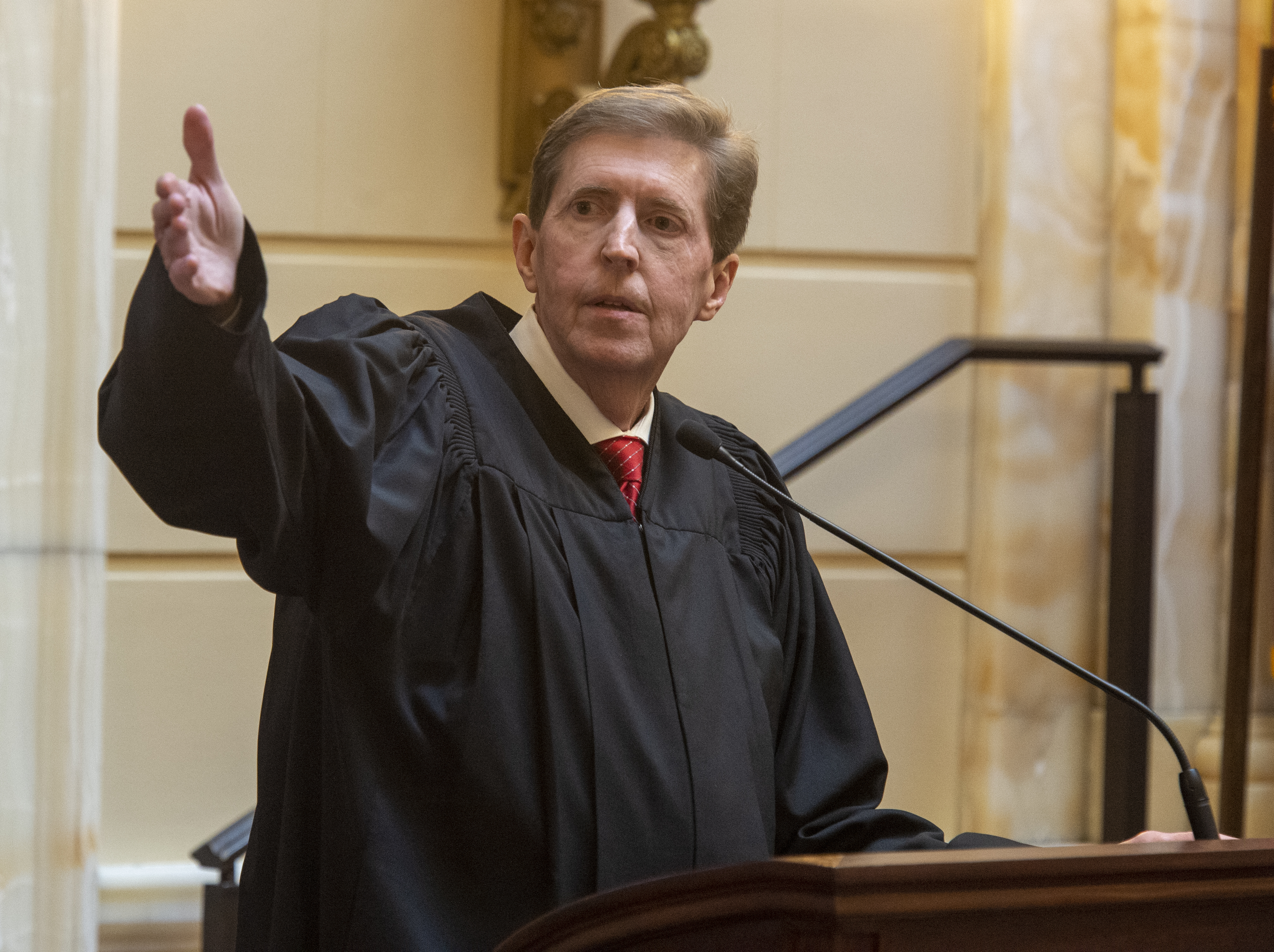 (Rick Egan | The Salt Lake Tribune) Matthew B. Durrant, Chief Justice of the Utah Supreme Court and Chair of the Utah Judicial Council introduces his colleagues in the State Supreme Court, as he gives his State of the Judiciary Address in the Senate, Monday, Jan. 28, 2019. 