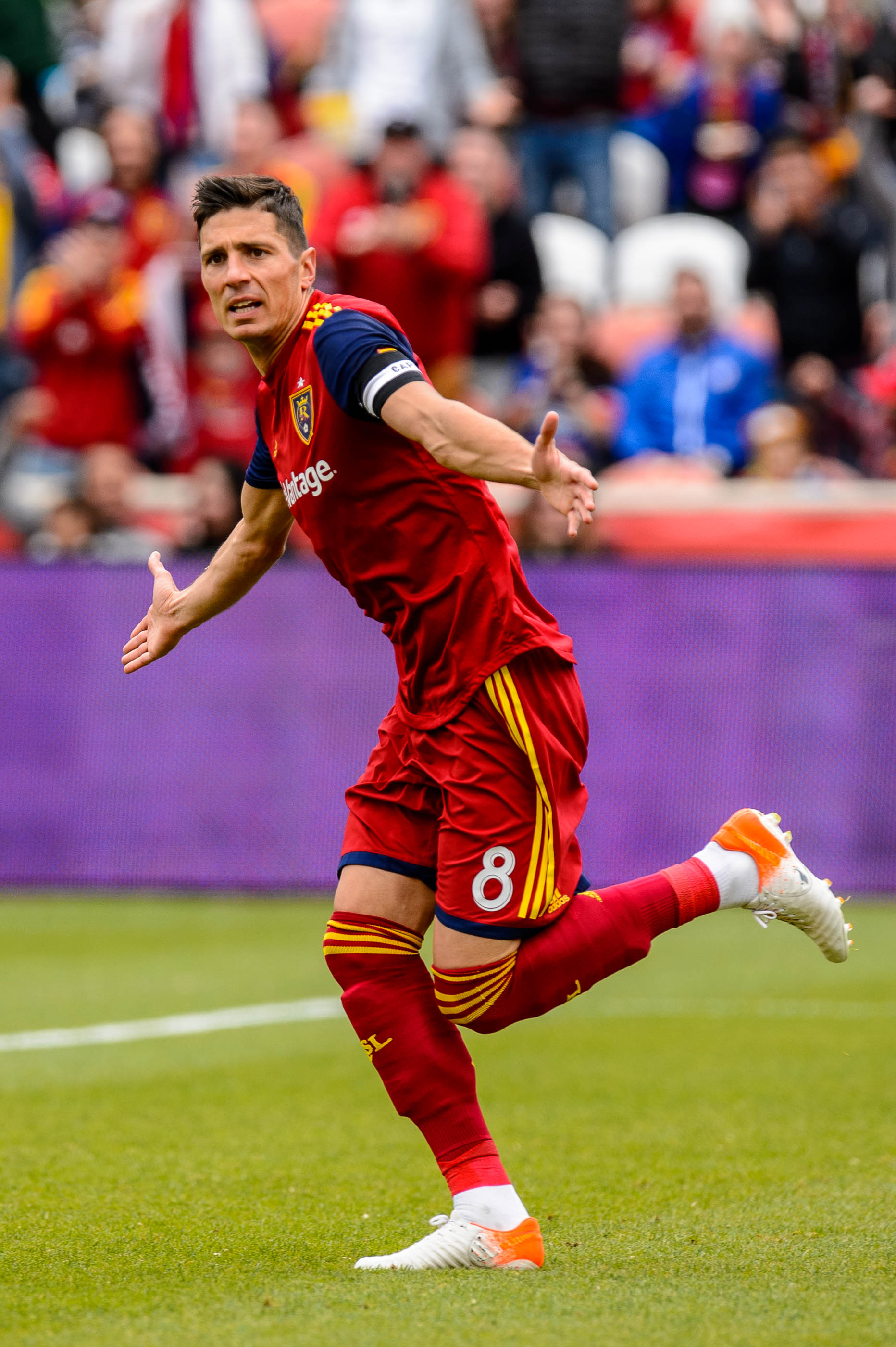 (Trent Nelson | The Salt Lake Tribune) Real Salt Lake midfielder Damir Kreilach (8) celebrates his first half goal as Real Salt Lake hosts Toronto FC, MLS Soccer at Rio Tinto Stadium in Sandy on Saturday May 18, 2019.