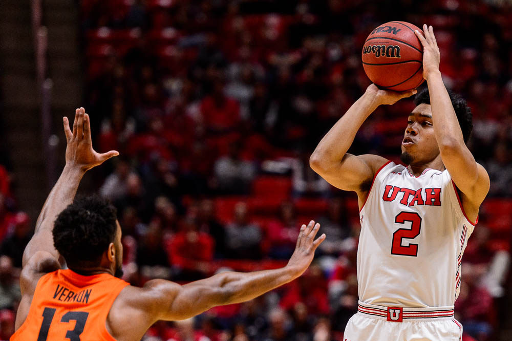 (Trent Nelson | The Salt Lake Tribune) Utah Utes guard Sedrick Barefield (2) as Utah hosts Oregon State, NCAA basketball in Salt Lake City on Saturday Feb. 2, 2019.