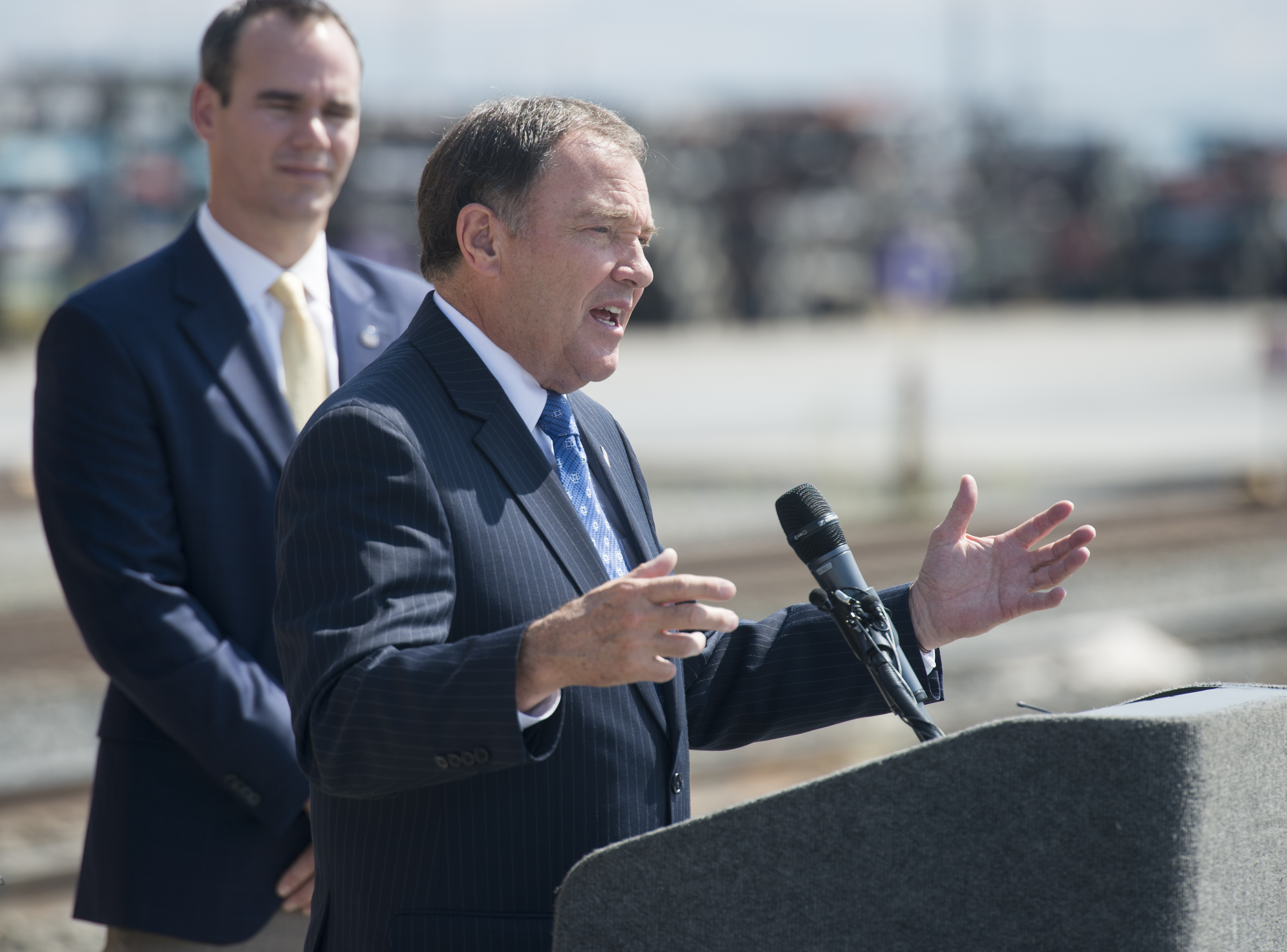 (Rick Egan | The Salt Lake Tribune) Gov. Gary Herbert talks about the world's largest steam locomotive will be coming to Utah in May, to celebrate the golden spike 150 year anniversary, at the Union Pacific Intermodal Facility, Thursday, Aug. 16, 2018. 