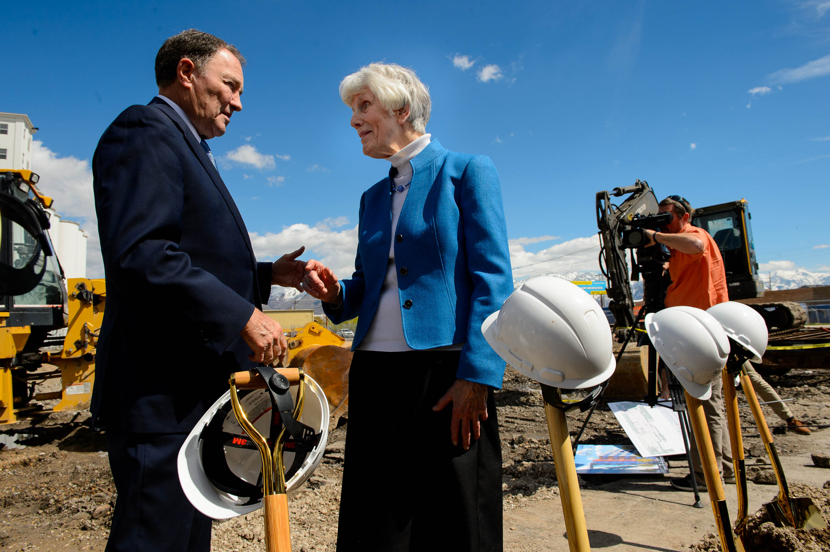 (Trent Nelson | The Salt Lake Tribune) Utah Governor Gary Herbert and Pamela Atkinson at the groundbreaking ceremony for Pamela's Place Apartments in Salt Lake City on Wednesday April 17, 2019. The development, named after Atkinson, a Utah-based humanitarian and advocate for people experiencing homelessness, will serve as a 100-unit permanent supportive housing complex by combining affordable housing assistance with voluntary support services to address the needs of chronically homeless people.