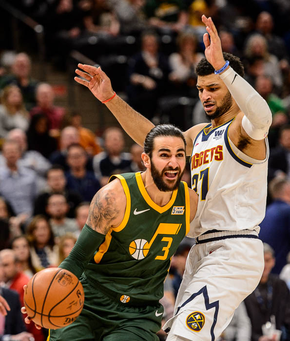 (Trent Nelson | The Salt Lake Tribune) Utah Jazz guard Ricky Rubio (3) and Denver Nuggets guard Jamal Murray (27) as the Utah Jazz host the Denver Nuggets, NBA basketball in Salt Lake City on Wednesday Jan. 23, 2019.