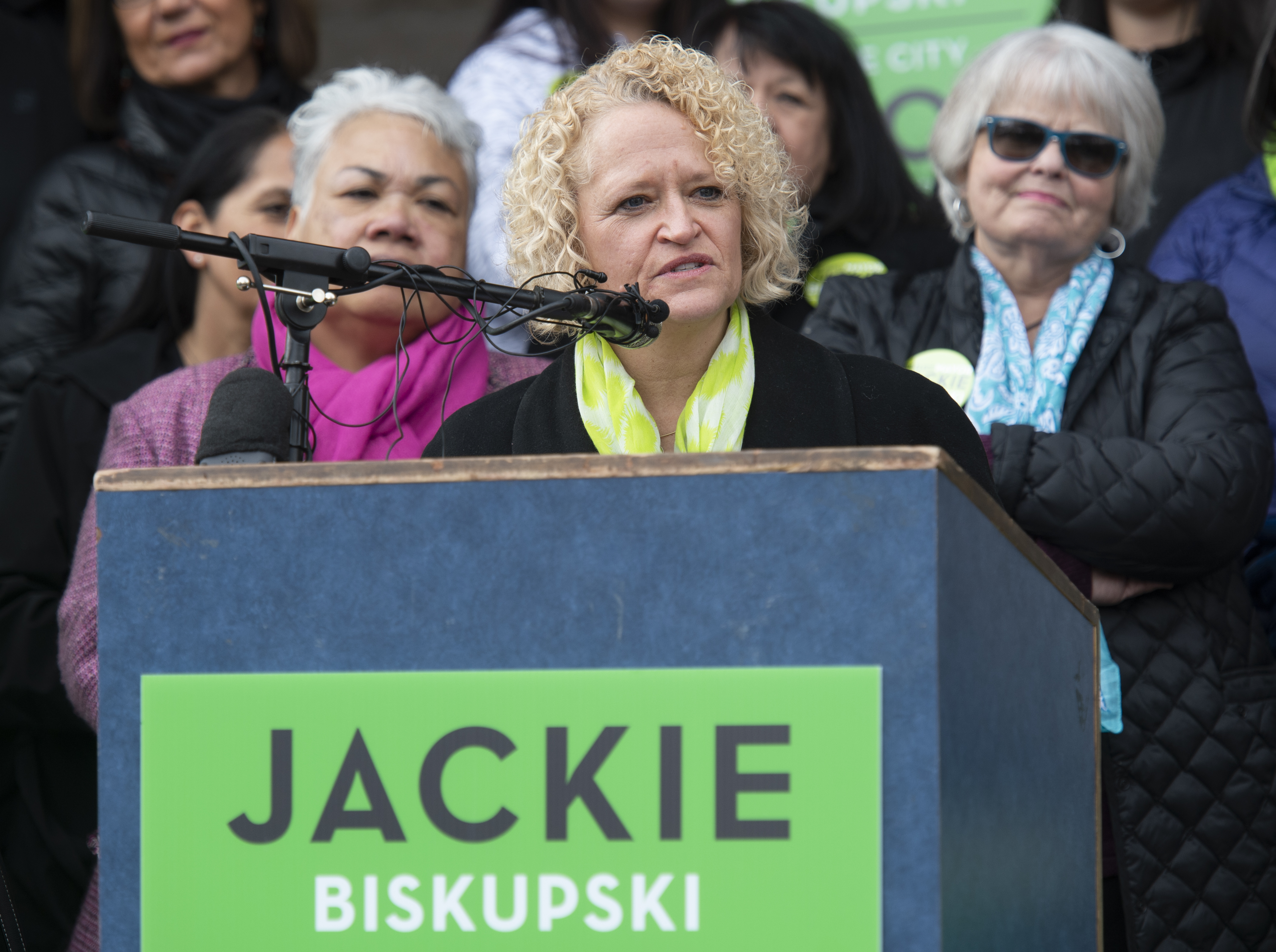 (Rick Egan | The Salt Lake Tribune) Salt Lake City Mayor Jackie Biskupski she launches her re-election campaign as she seeks a second term as supporters gather on the east steps of the City Building, Saturday, Feb. 9, 2019. 