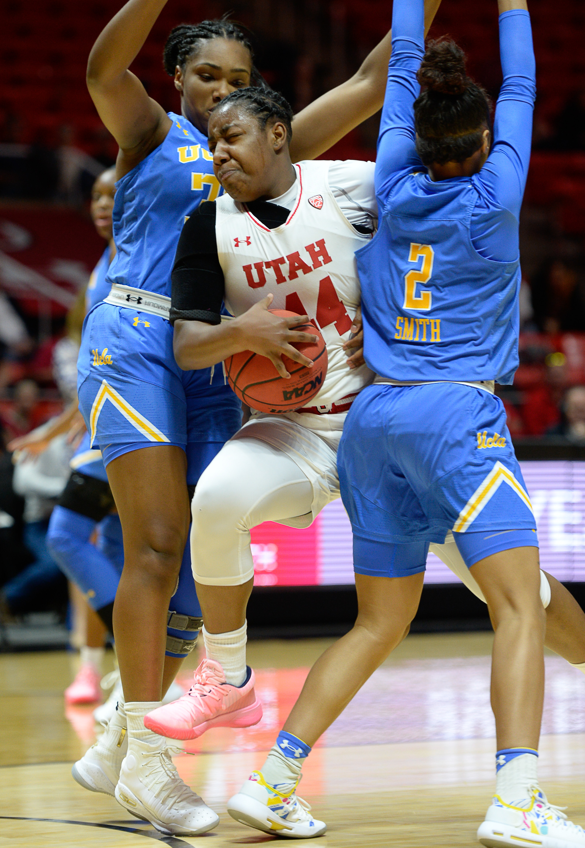 (Francisco Kjolseth | The Salt Lake Tribune) Utah Utes guard/forward Dre'Una Edwards (44) tries to push past the UCLA defense at the Jon M. Huntsman Center in Salt Lake City on Sunday, Feb. 10, 2019.