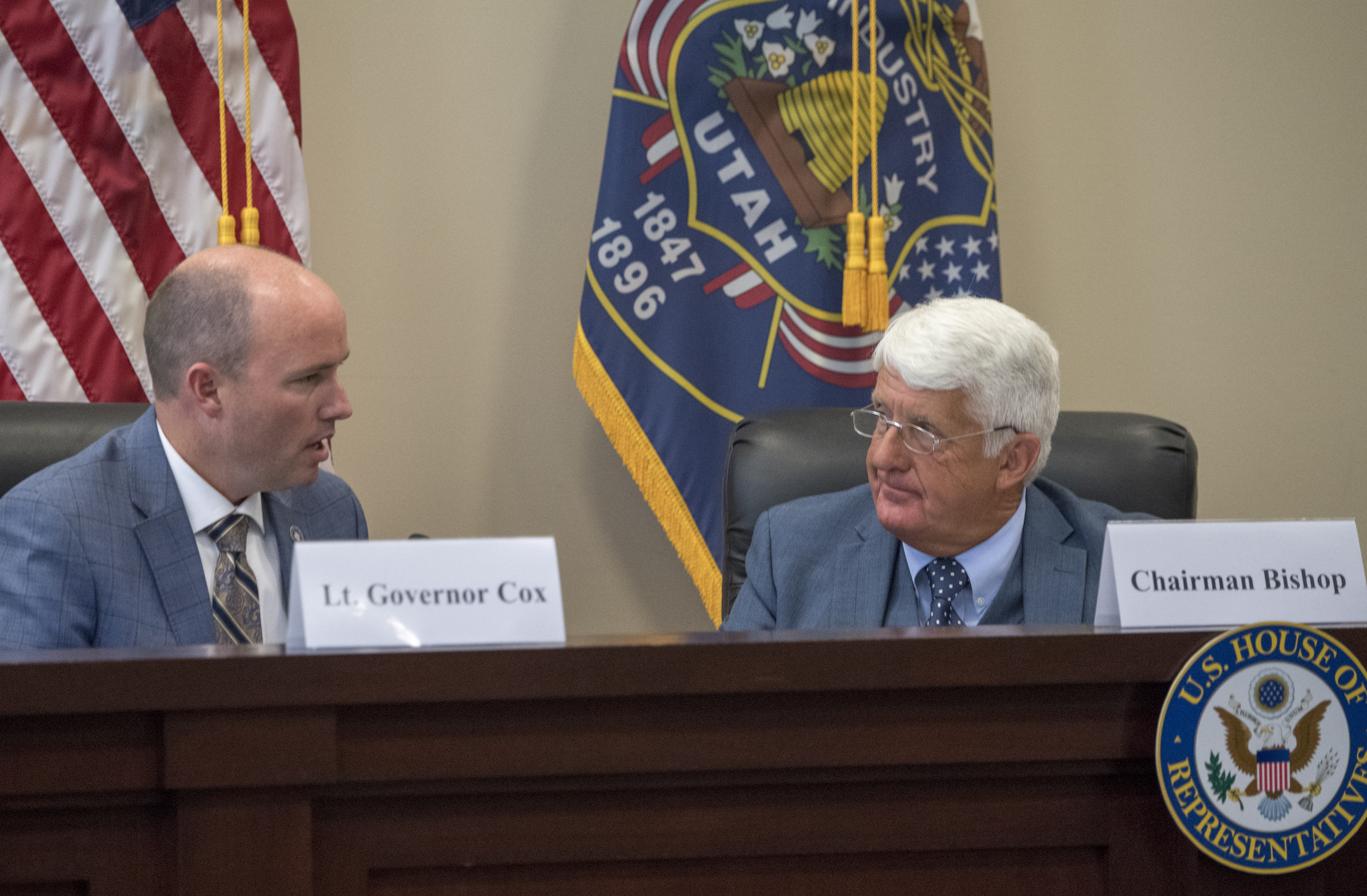 (Rick Egan | The Salt Lake Tribune) Lt. Rep. Rob Bishop listens as Gov. Spencer Cox, makes a comment as the U.S. House Natural Resources Committee holds a forum about how to address catastrophic wildfires, at the State Senate Building, Thursday, Aug. 30, 2018. 