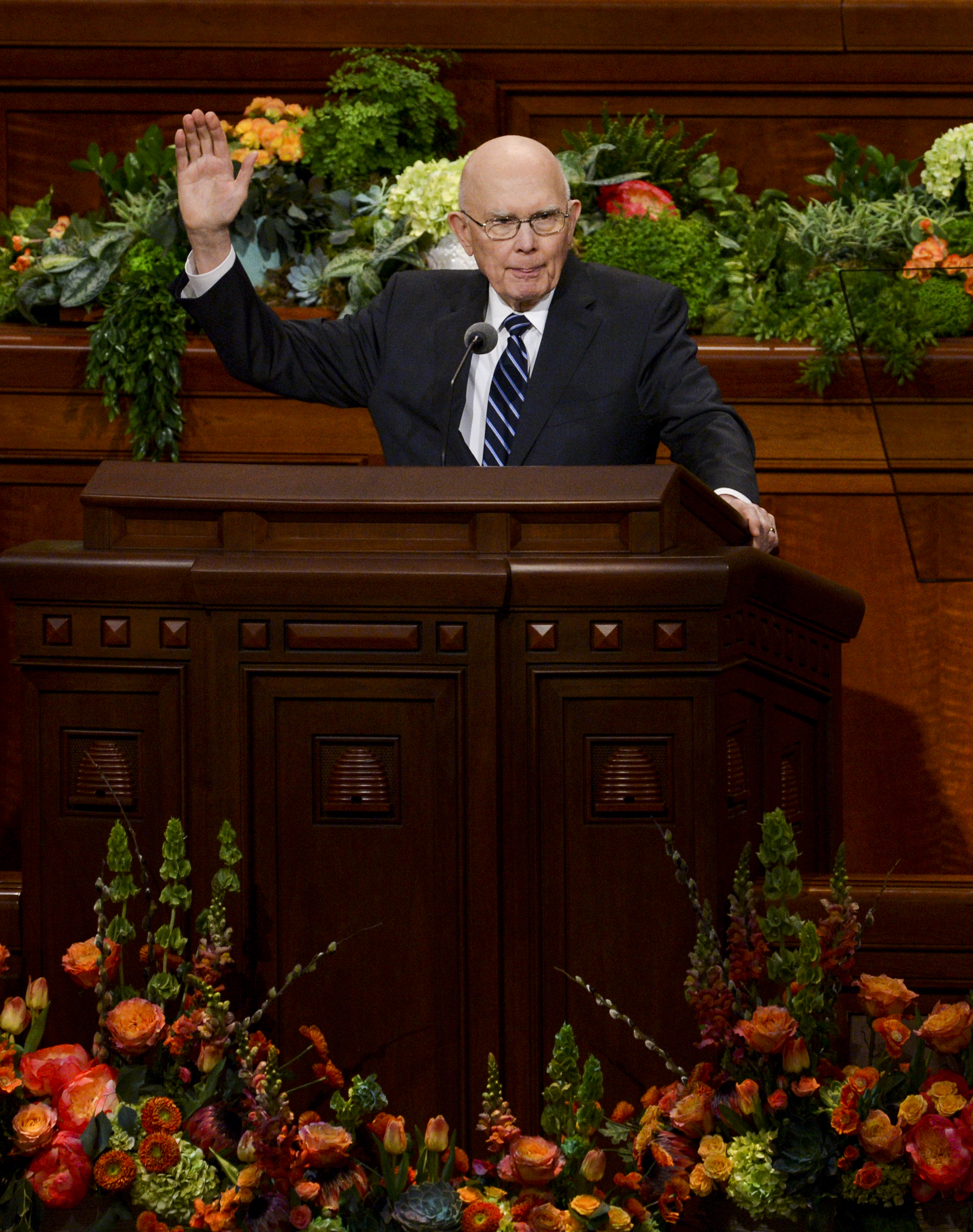 Leah Hogsten | The Salt Lake Tribune President Dallin H. Oaks gives his sustaining vote for new leadership during 189th Annual General Conference of The Church of Jesus Christ of Latter-day Saints, April 6, 2019 in Salt Lake City. Ten new general authority Seventies were named, including Peter M. Johnson, an African American born in New York, Benjamin M. Z. Tai, who was born in Hong Kong, and four leaders who were born in Latin America. during 189th Annual General Conference of The Church of Jesus Christ of Latter-day Saints, April 6, 2019 in Salt Lake City. 