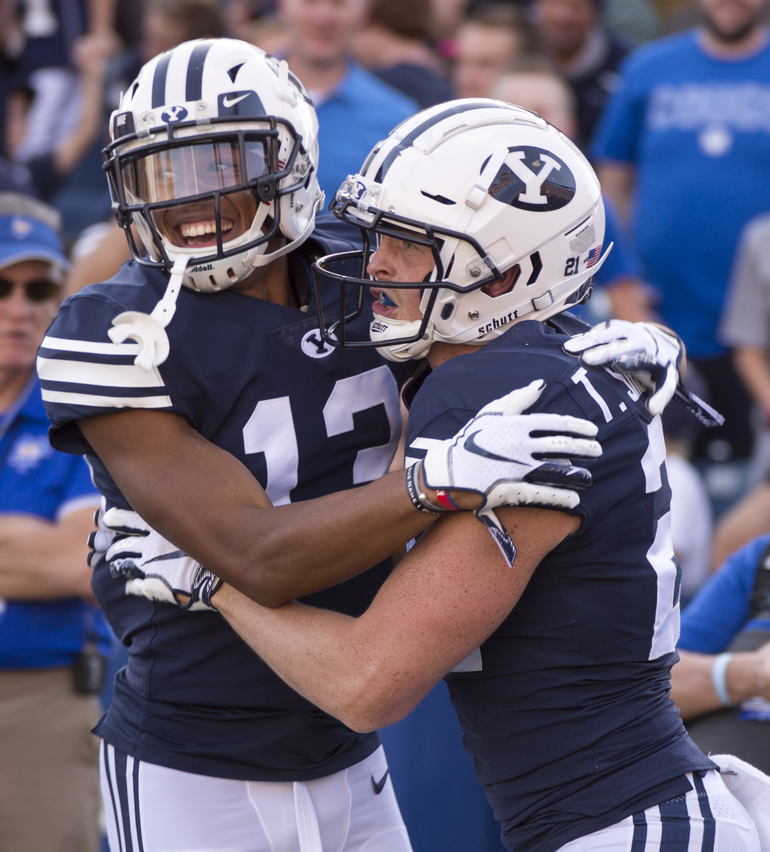 (Rick Egan | The Salt Lake Tribune) Brigham Young Cougars wide receiver Micah Simon (13) congratulates Brigham Young Cougars wide receiver Talon Shumway (21) after Shumway grabbed touchdown pass, in football action Brigham Young Cougars vs McNeese State Cowboys at Lavell Edwards Stadium, Saturday, Sept. 22, 2018. 
