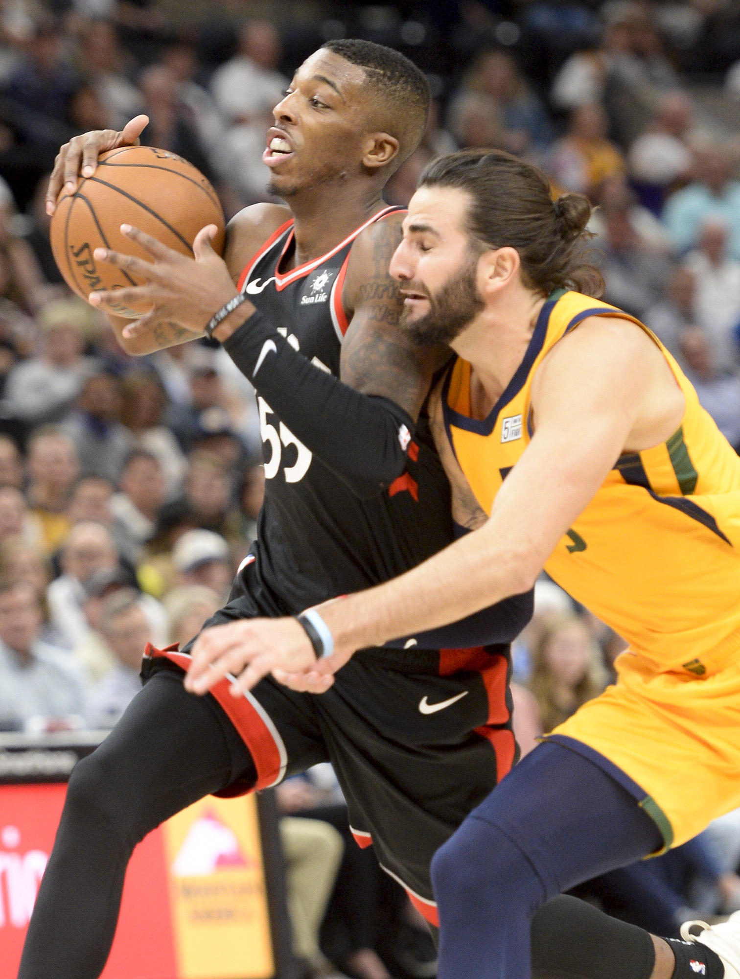 Leah Hogsten | The Salt Lake Tribune Utah Jazz guard Ricky Rubio (3) tries to stick with Toronto Raptors guard Delon Wright (55) as the Utah Jazz lose to the Toronto Raptors, 111-124, Monday, Nov. 5, 2018 at Vivant Smart Home Arena.