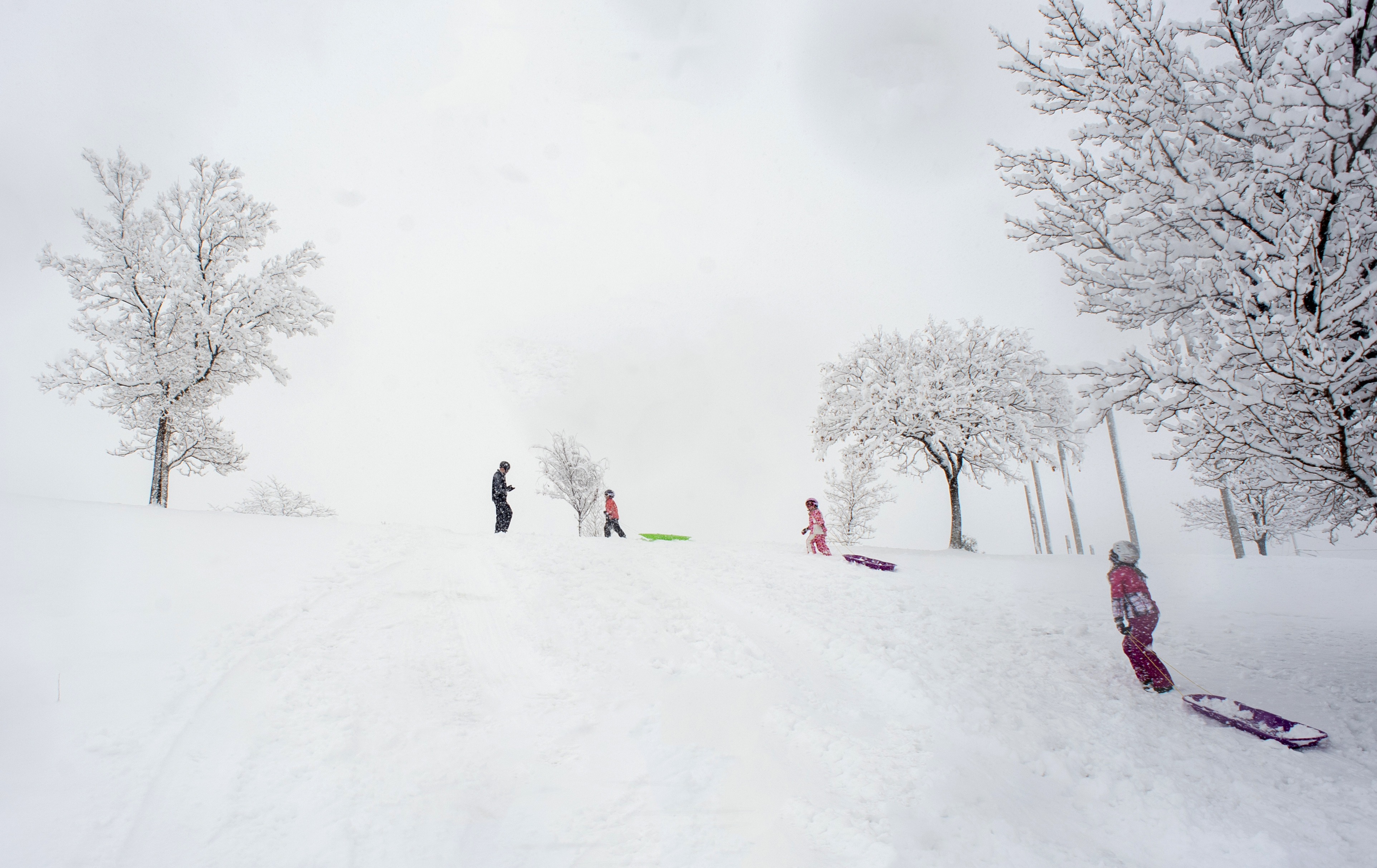 (Rick Egan | The Salt Lake Tribune) Mark Fehlberg, and his kids, Desmond, Amelia and Kashmira, pull their sleds up the hill at Popperton Park, Monday, Jan. 21, 2019. 