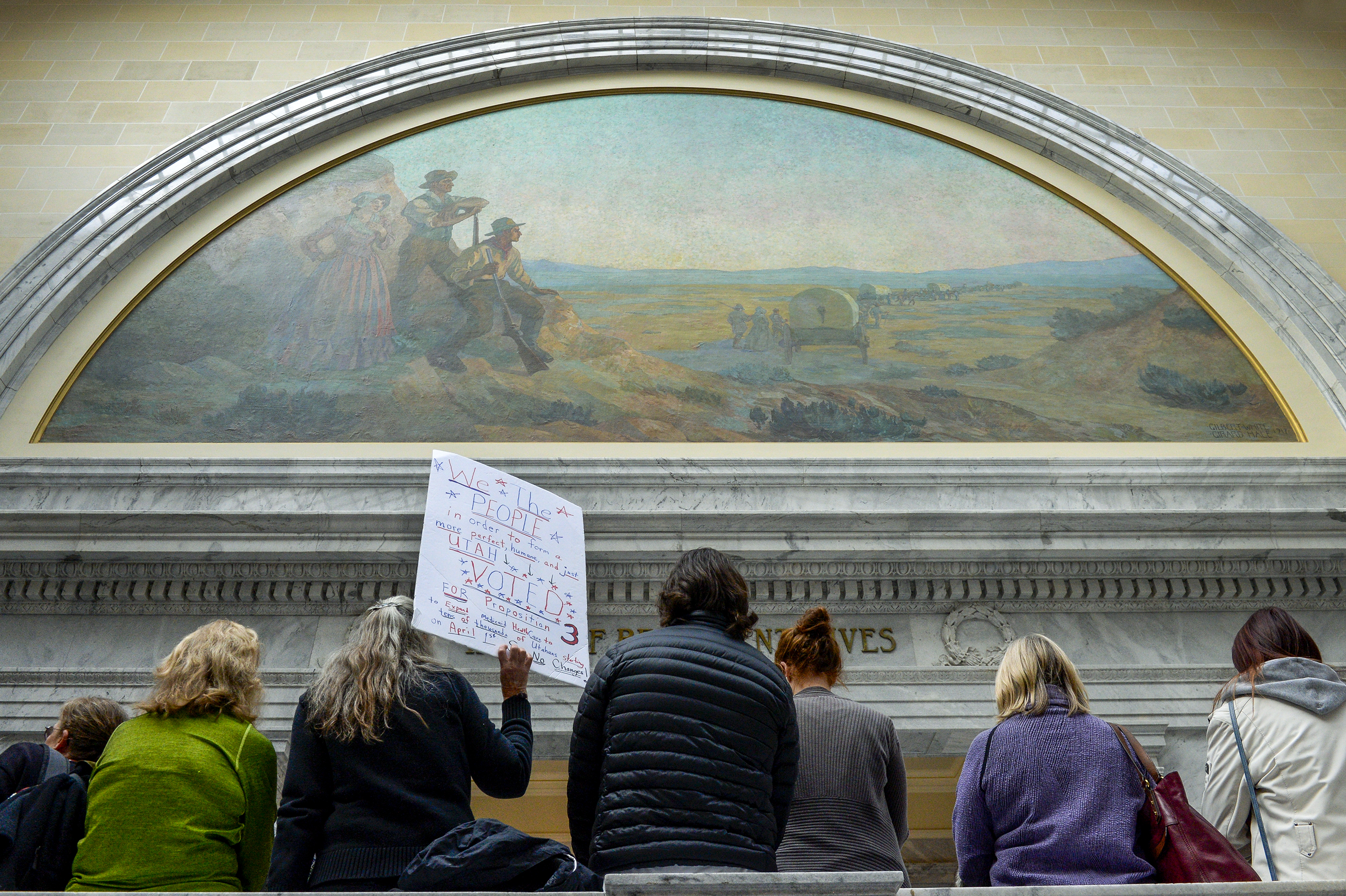 Leah Hogsten | The Salt Lake Tribune Melanie Hopkinson of Holladay joined faith leaders and fellow citizens in opposition to SB96 outside the House chamber, Feb. 8, 2019. 