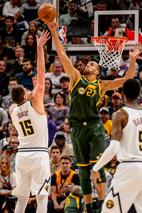(Trent Nelson | The Salt Lake Tribune) Utah Jazz center Rudy Gobert (27) blocks a shot by Denver Nuggets center Nikola Jokic (15) as the Utah Jazz host the Denver Nuggets, NBA basketball in Salt Lake City on Wednesday Jan. 23, 2019.