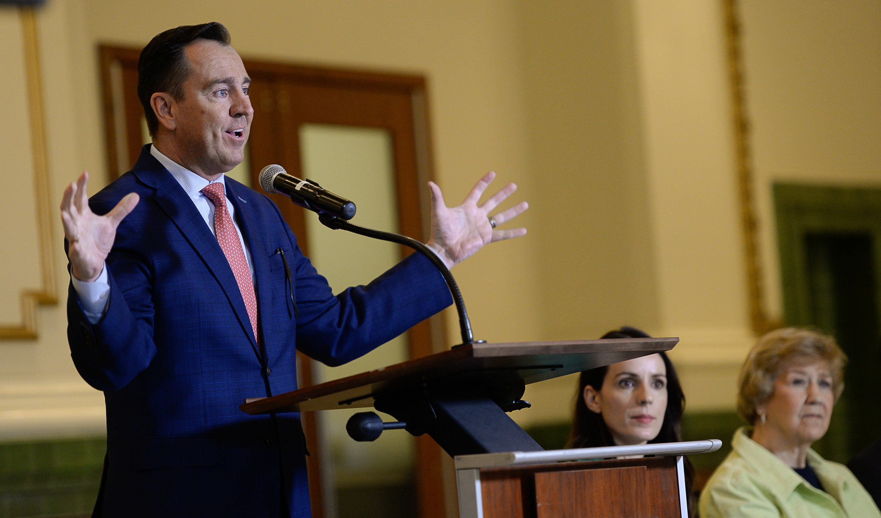(Francisco Kjolseth | The Salt Lake Tribune) Greg Hughes, former Speaker of the House joins other community leaders to relay new reports claiming that The Gateway and the Rio Grande area of downtown Salt Lake City has seen a "dramatic decrease" in crime. Gathered in the Grand Hall at The Gateway, on Tuesday, April 2, 2019, the 1.4 million square foot lifestyle destination is owned and managed by Vestar, as it goes through a $100 million redevelopment. 