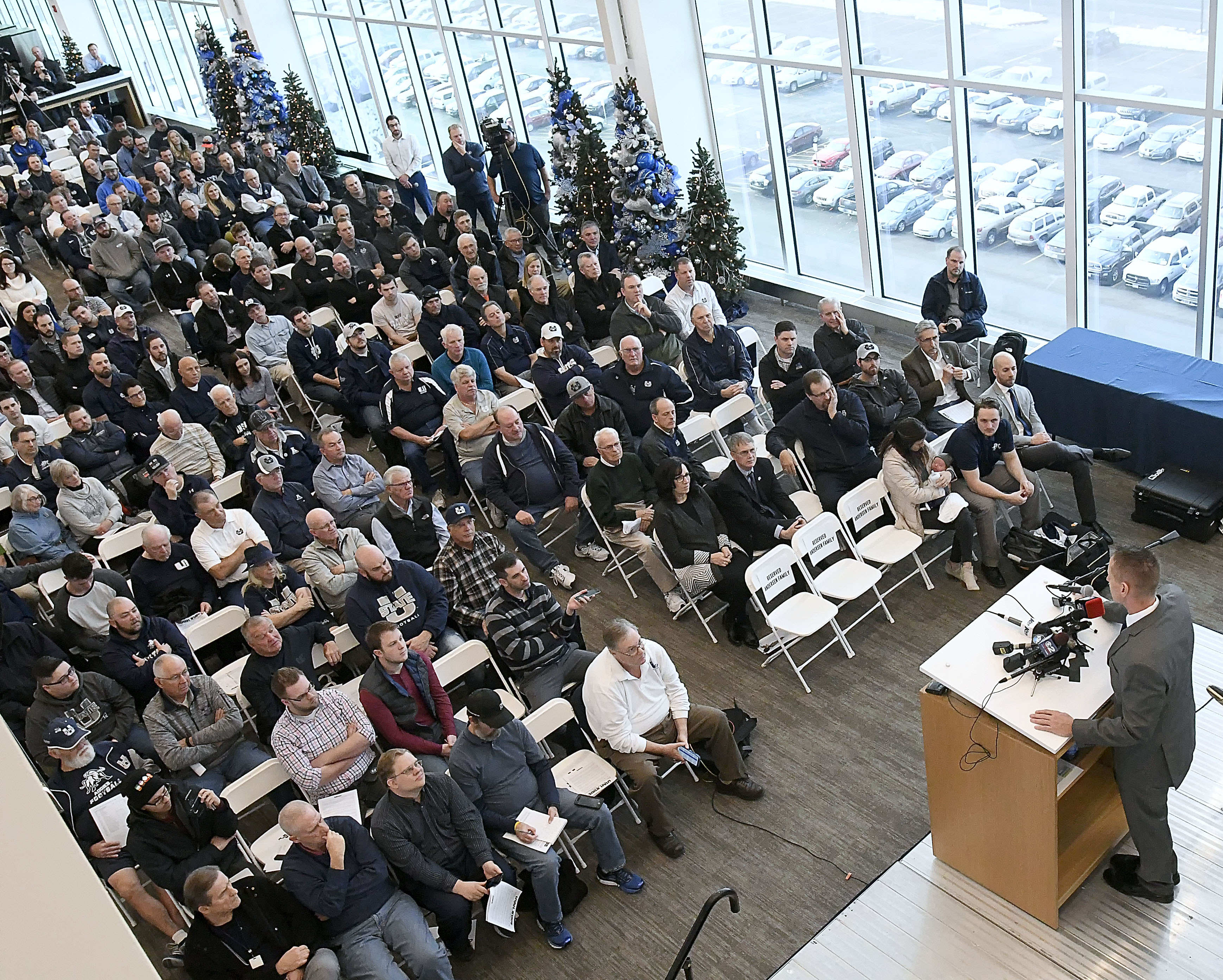 Gary Andersen speaks at a press conference where he was introduced as the new head football coach at Utah State, Tuesday, Dec. 11, 2018, in Logan, Utah. (Eli Lucero/Herald Journal via AP)