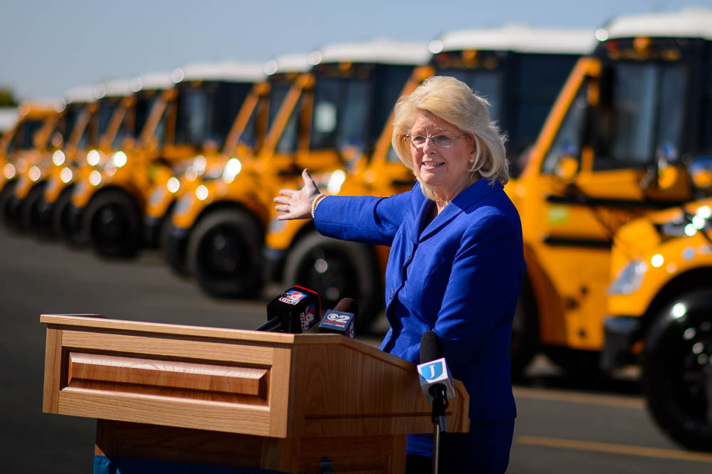 (Trent Nelson | The Salt Lake Tribune) Dr. Patrice Johnson speaks at a news conference introducing thirty-six new CNG school buses have been added to the Jordan School District fleet this year, bringing the total to 105, the largest fleet of CNG school buses in Utah. Wednesday Sept. 12, 2018.