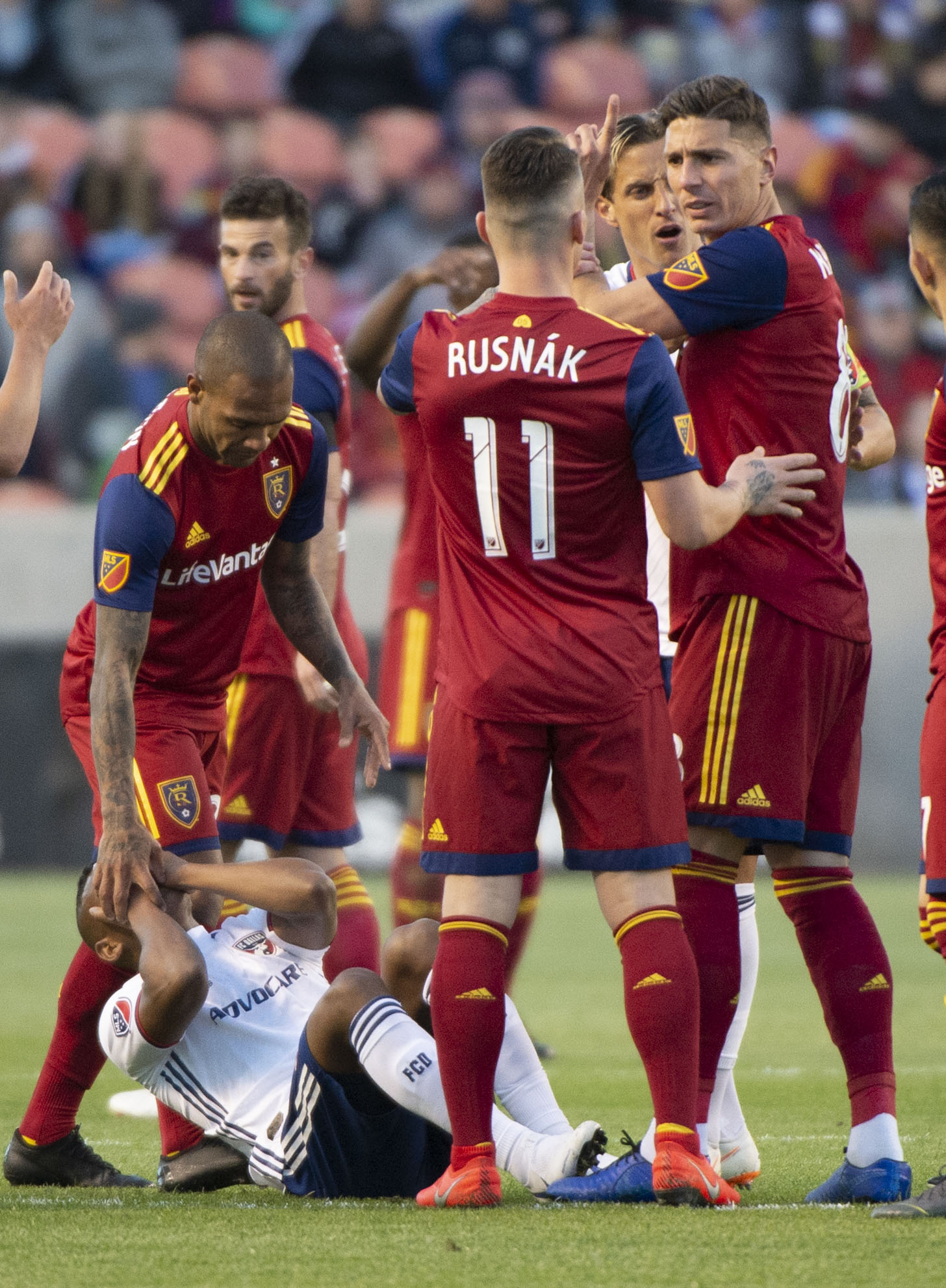 (Rick Egan | The Salt Lake Tribune) Real Salt Lake midfielder Damir Kreilach (8) receives a red card on this play, in MLS action between Real Salt Lake and FC Dallas, at Rio Tinto Stadium, Saturday, March 30, 2019. 