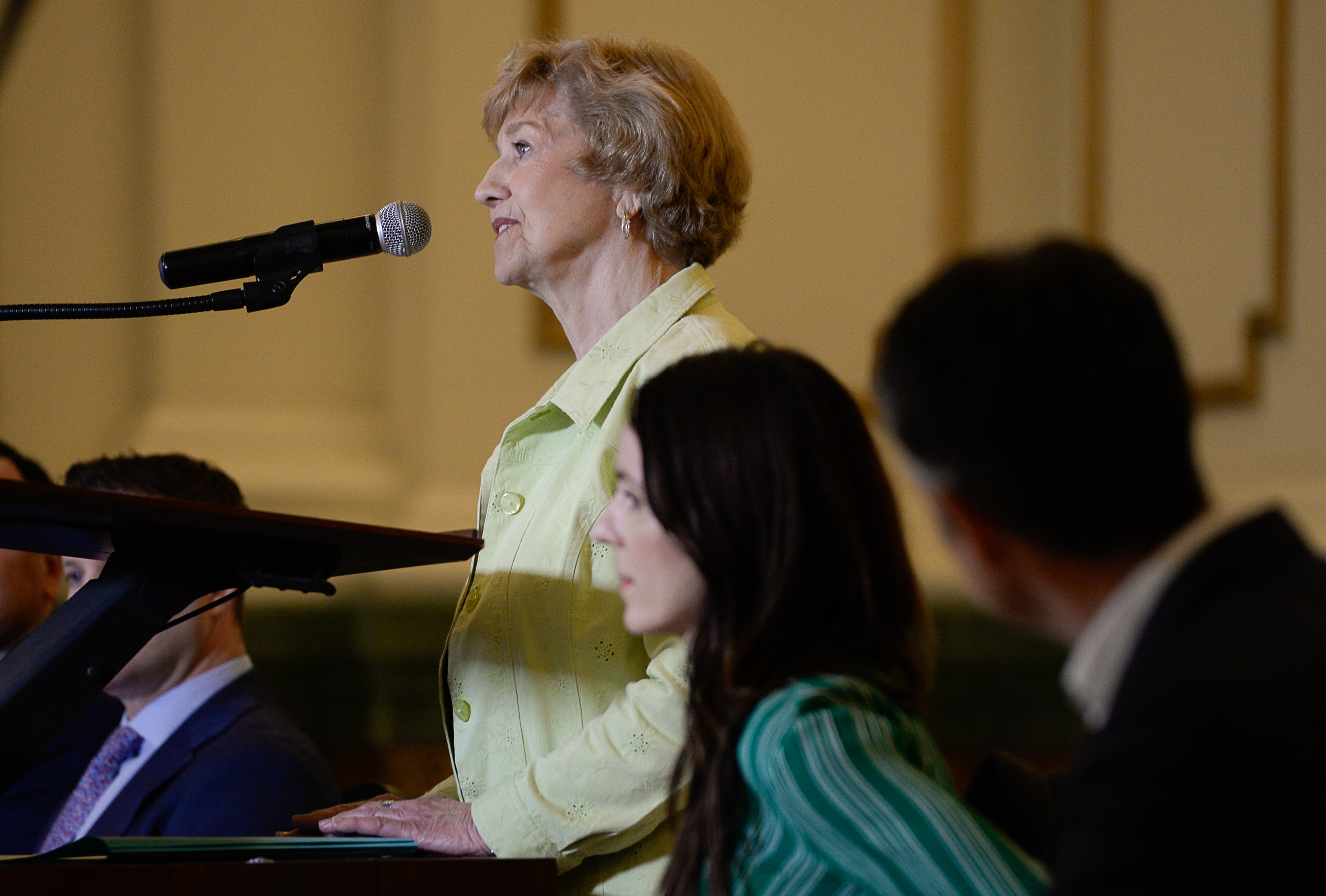 (Francisco Kjolseth | The Salt Lake Tribune) Peggy Hostetter, a long time resident at The Gateway relays her experiences with a dramatic change for the better in her area as community leaders gather at the Grand Hall at The Gateway on Tuesday, April 2, 2019, to share details on the efforts and resulting impact the security measures have had on the district.