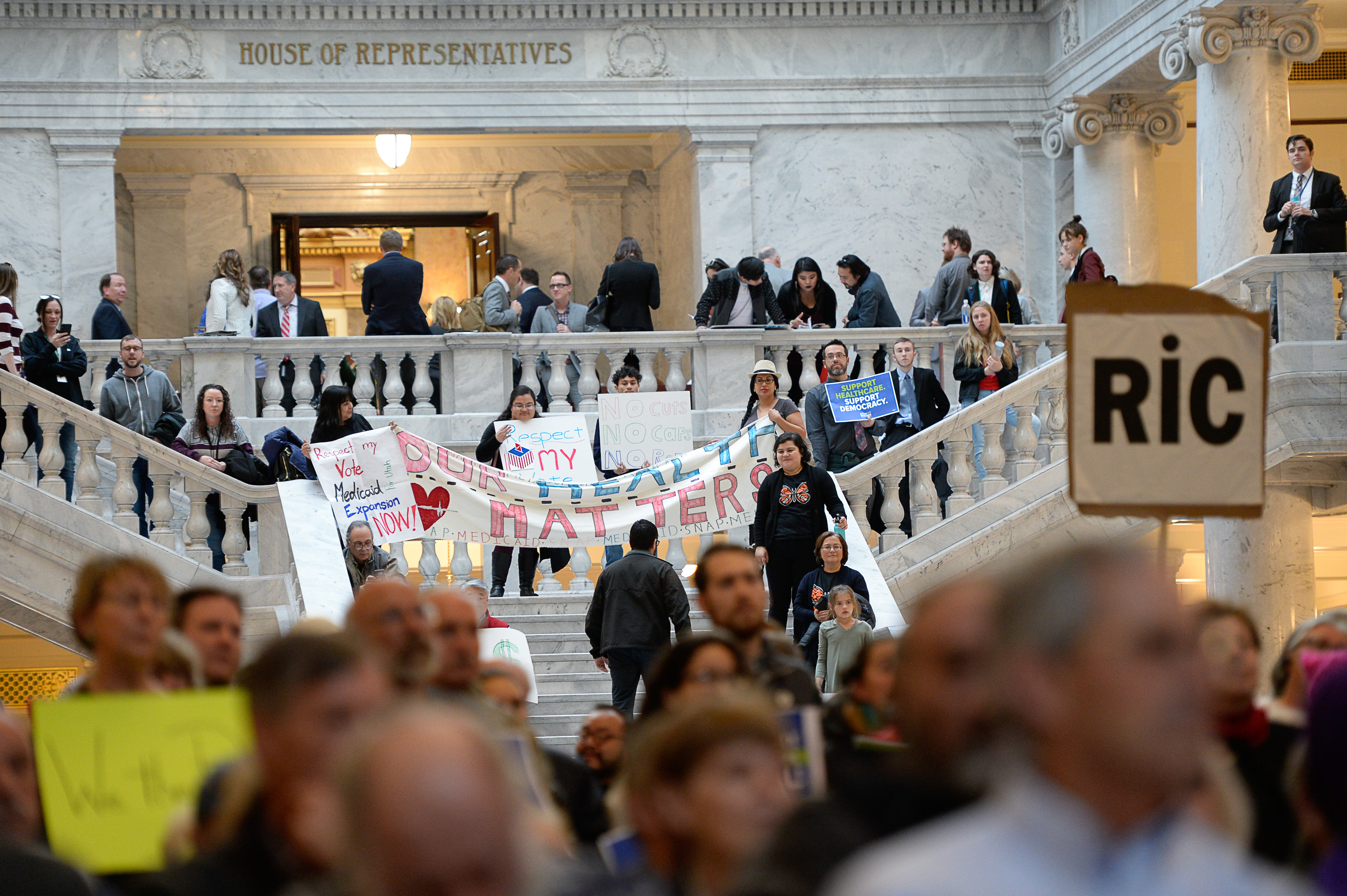 (Francisco Kjolseth | The Salt Lake Tribune) Over 300 demonstrators fill the Capitol rotunda on Monday, Jan, 28, 2019, on the first day of the Legislative session to rally in support of protecting Proposition 3, the Medicaid Expansion law recently passed by voters.