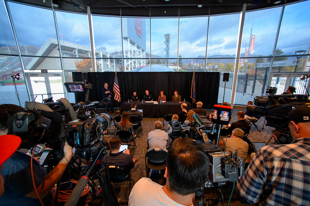 (Trent Nelson | The Salt Lake Tribune) University of Utah officials at a press conference regarding the killing of University of Utah student athlete Lauren McCluskey, in Salt Lake City, Thursday Oct. 25, 2018.