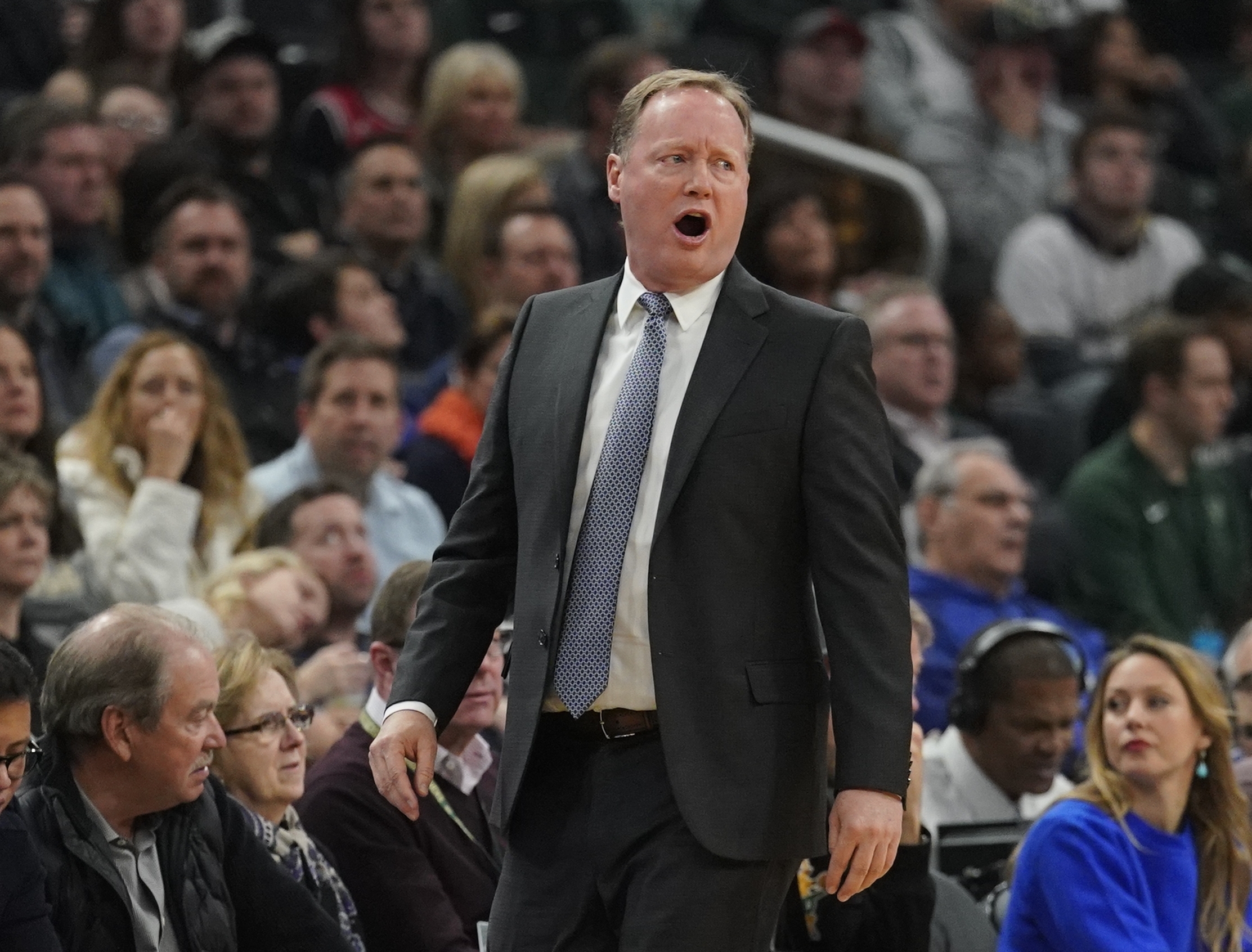 Milwaukee Bucks head coach Mike Budenholzer reacts during the first half of an NBA basketball game against the Chicago Bulls Friday, Nov. 16, 2018, in Milwaukee. (AP Photo/Morry Gash)