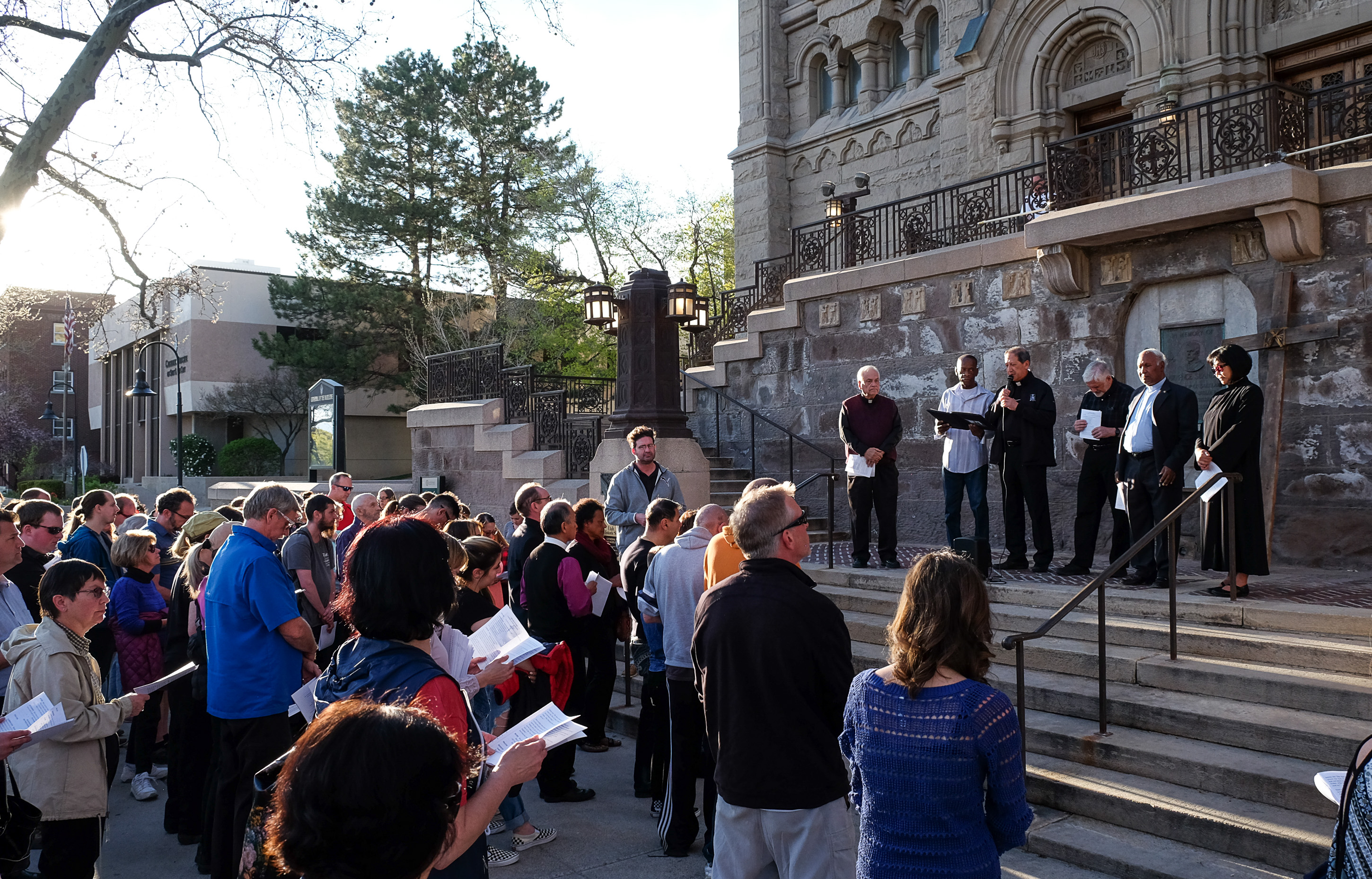(Francisco Kjolseth | The Salt Lake Tribune) Christians gather on the steps of the Cathedral of the Madeleine before marching through streets of Salt Lake City on Good Friday to symbolically mark Jesus' carrying the cross to his crucifixion.