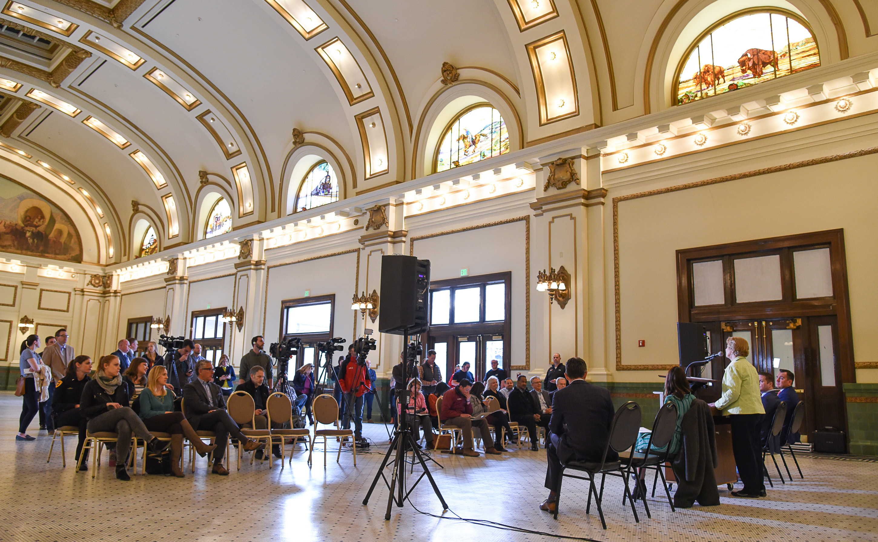 (Francisco Kjolseth | The Salt Lake Tribune) People attend an announcement in the Grand Hall at The Gateway on Tuesday, April 2, 2019, as two new reports claim that The Gateway and the Rio Grande area of downtown Salt Lake City has seen a "dramatic decrease" in crime. Speakers shared details on the efforts and resulting impact the security measures have had on the district.