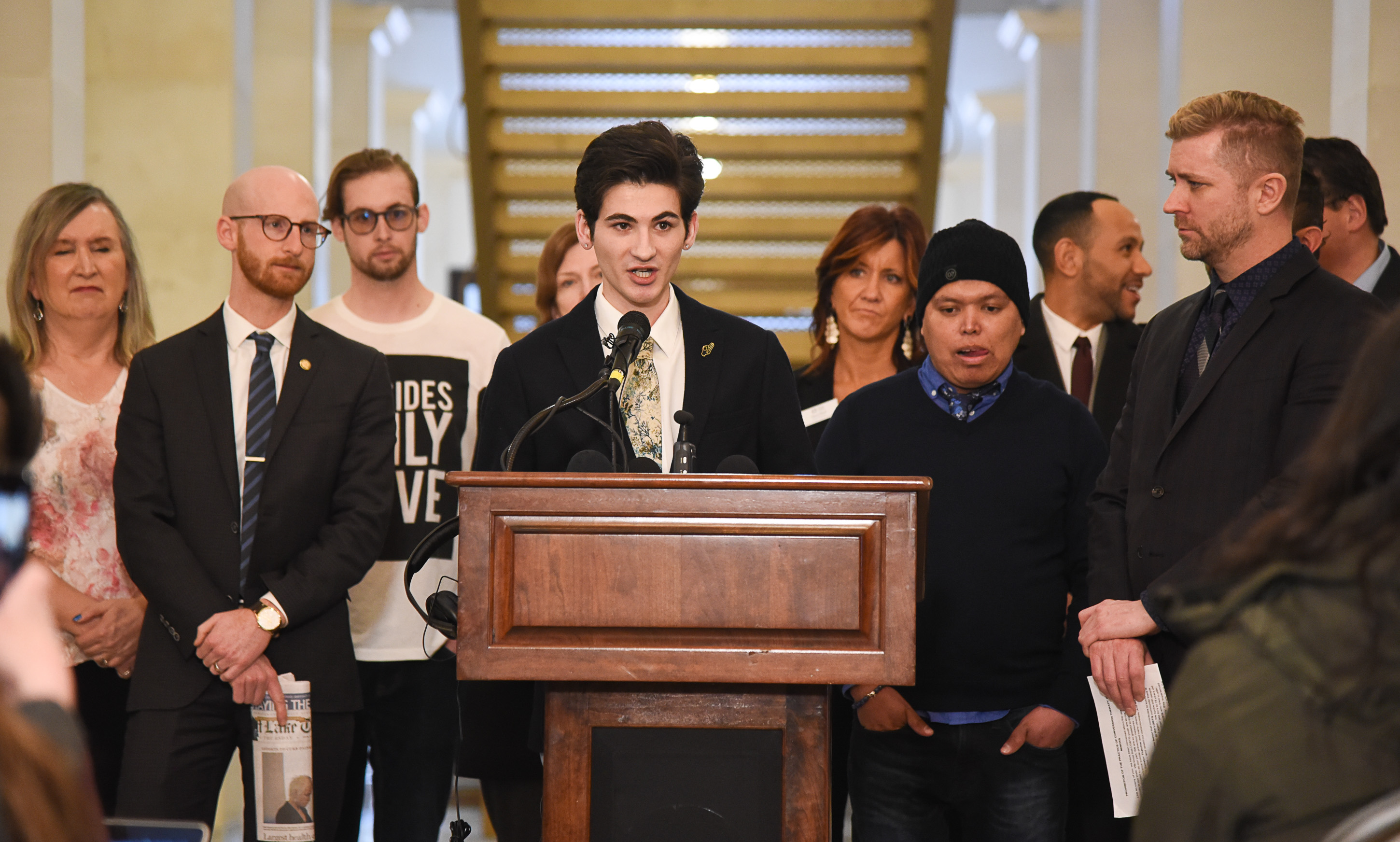 (Francisco Kjolseth | The Salt Lake Tribune) Nathan Dalley, 19, a University of Utah student relays his experience with conversion therapy during a press event at the Utah Capitol on Thursday, Feb. 21, 2019, to announce legislation being introduced to ban conversion therapy.