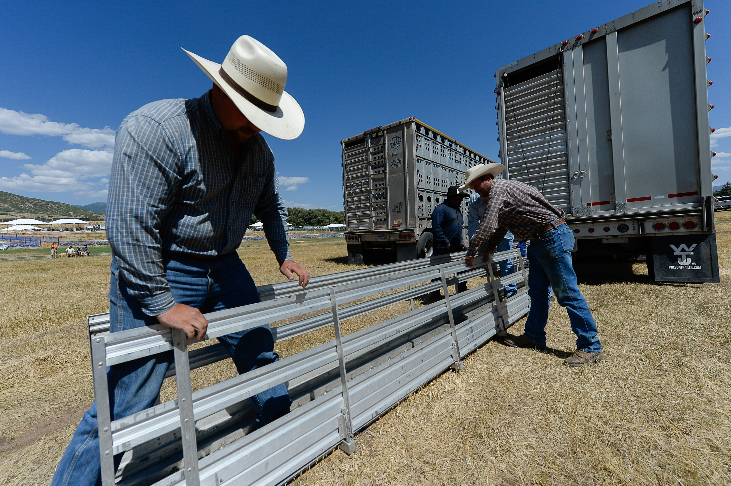 (Francisco Kjolseth | The Salt Lake Tribune) Jake Okelberry, left, and Chris Averett prepare ramps to unload hundreds of sheep arriving from the Strawberry Valley to Midway's Soldier Hollow on Wed. Aug. 29, 2018, for this weekend's 16th annual Soldier Hollow Classic Sheepdog Championship and Festival, which runs Aug. 31-Sept. 3. This year, 44 dogs and 34 handlers will work with 331 sheep for the $20,000 purse.
