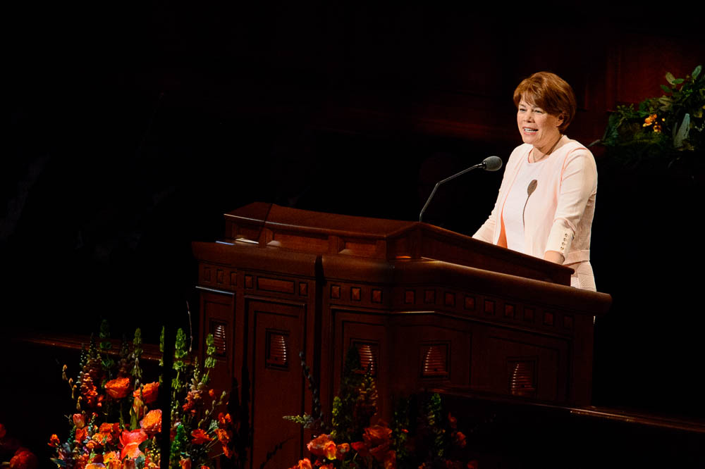 (Trent Nelson | The Salt Lake Tribune) Sharon Eubank, first counselor in the general presidency of the Relief Society, speaks during the morning session of the189th Annual General Conference of The Church of Jesus Christ of Latter-day Saints in Salt Lake City on Sunday April 7, 2019.