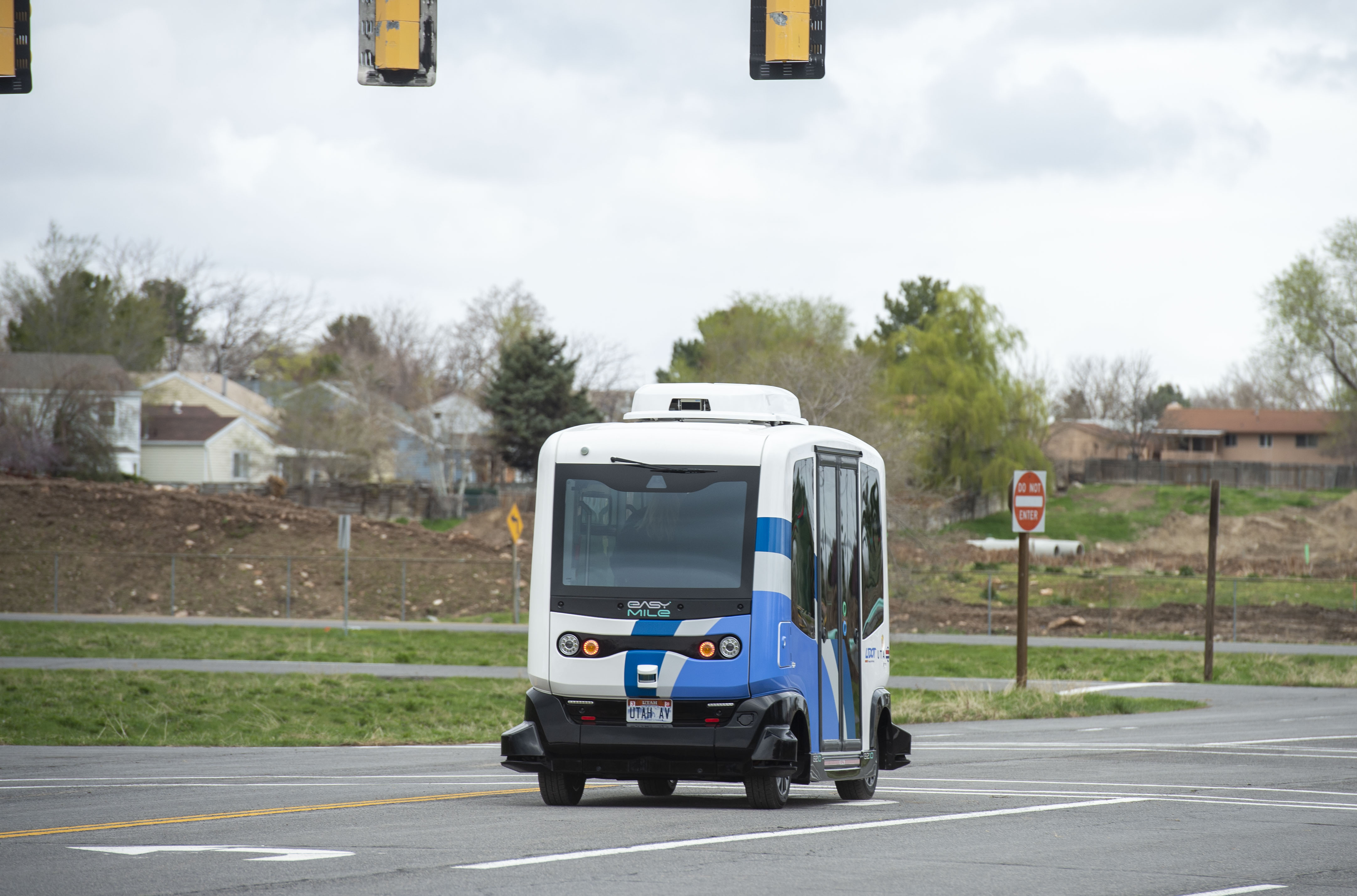 (Rick Egan | The Salt Lake Tribune) The Autonomous Shuttle takes a test drive, at the test track is across the street from UDOT headquarters on the west side of 2700 West. Thursday, April 11, 2019. 