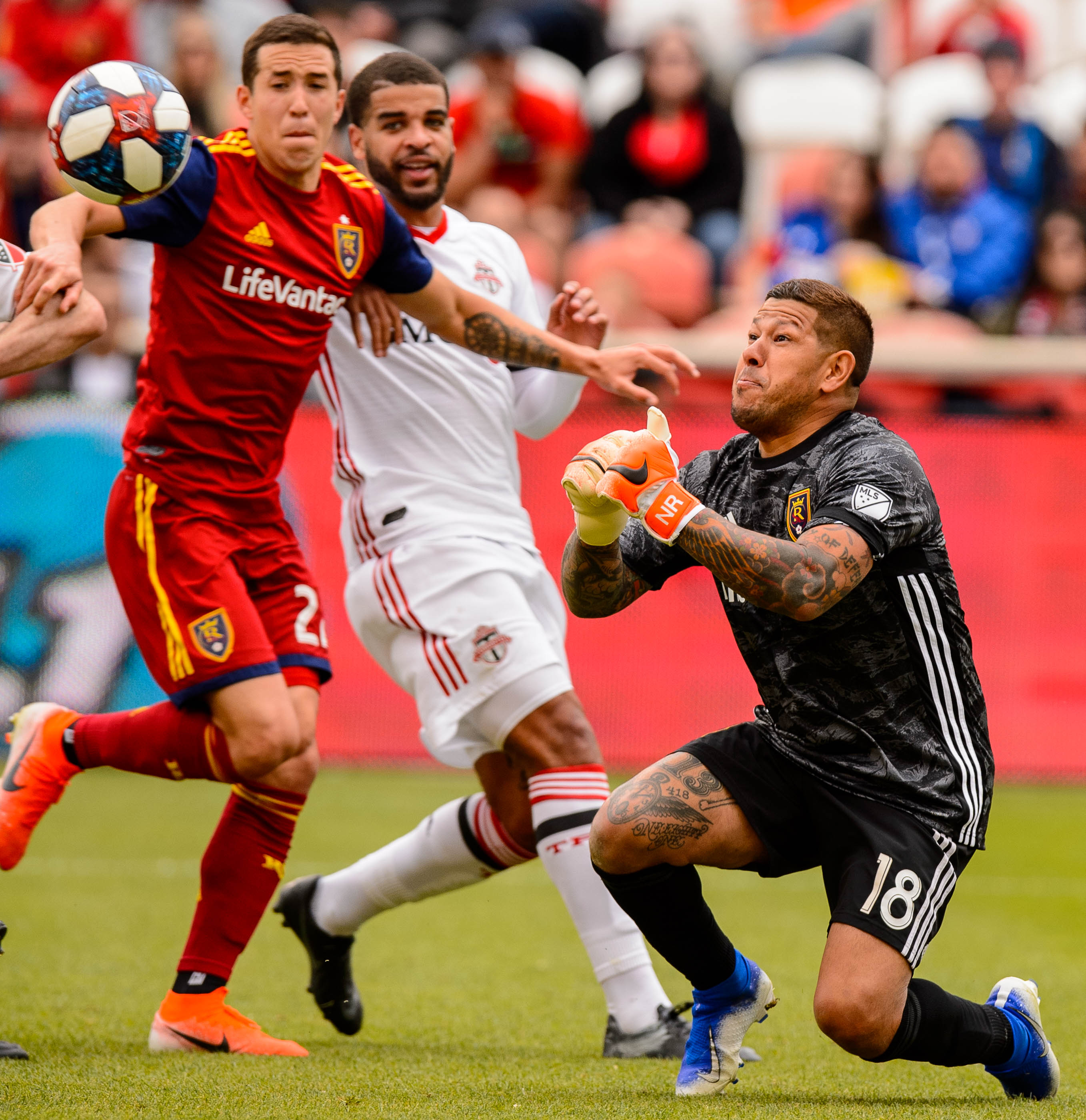 (Trent Nelson | The Salt Lake Tribune) Real Salt Lake goalkeeper Nick Rimando (18) makes a save as Real Salt Lake hosts Toronto FC, MLS Soccer at Rio Tinto Stadium in Sandy on Saturday May 18, 2019.